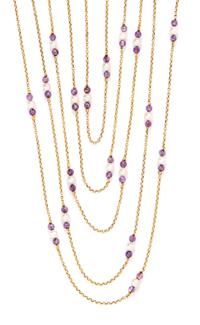 An 18 Karat Yellow Gold, Cultured Pearl and Amethyst Bead Longchain, 32.60 dwts.