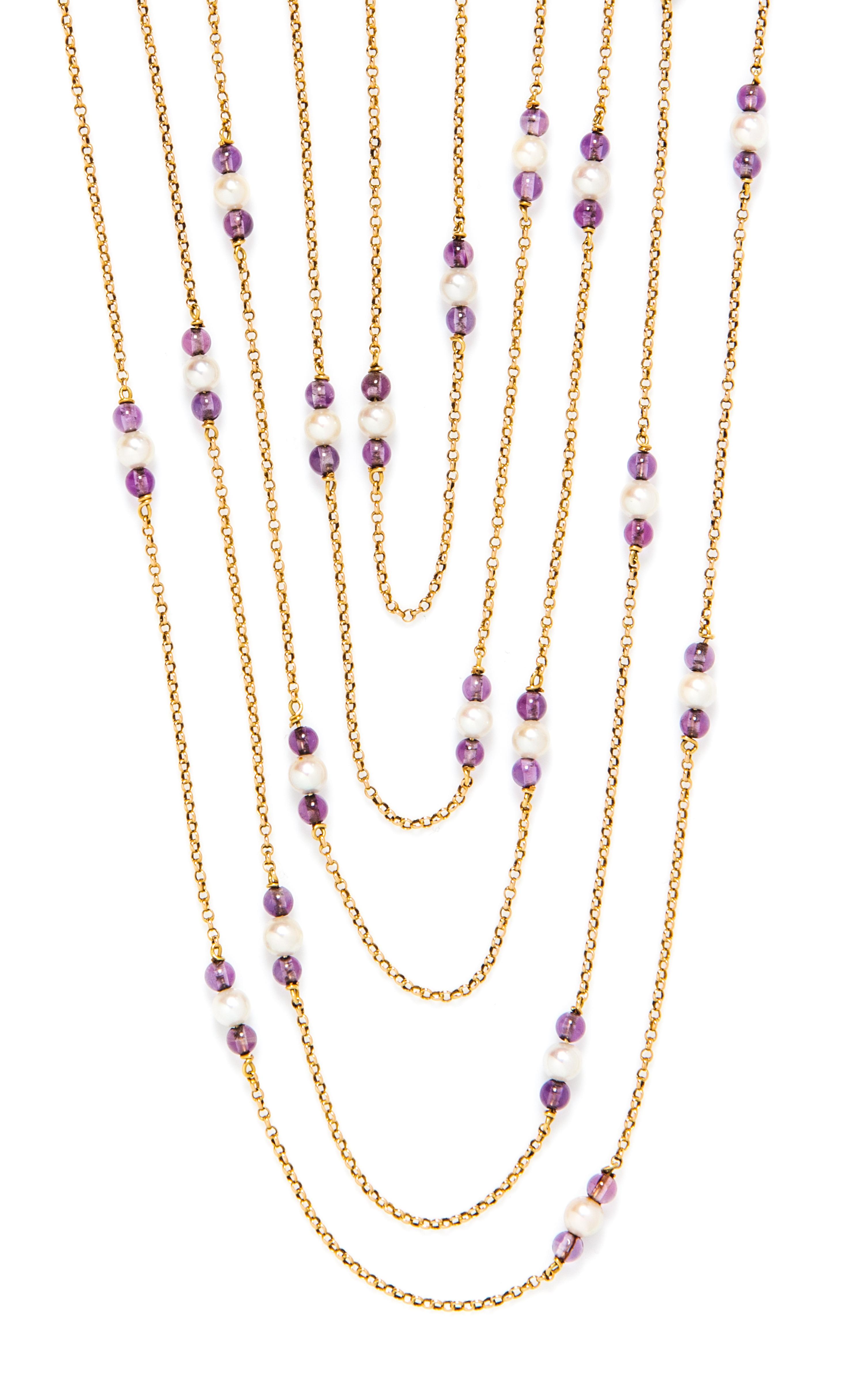 An 18 Karat Yellow Gold, Cultured Pearl and Amethyst Bead Longchain, 32.60 dwts.