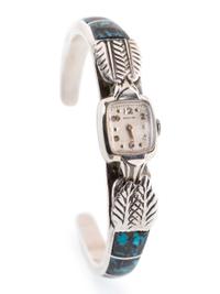 Navajo Silver Cuff Watch Band, set with Bisbee Turquoise