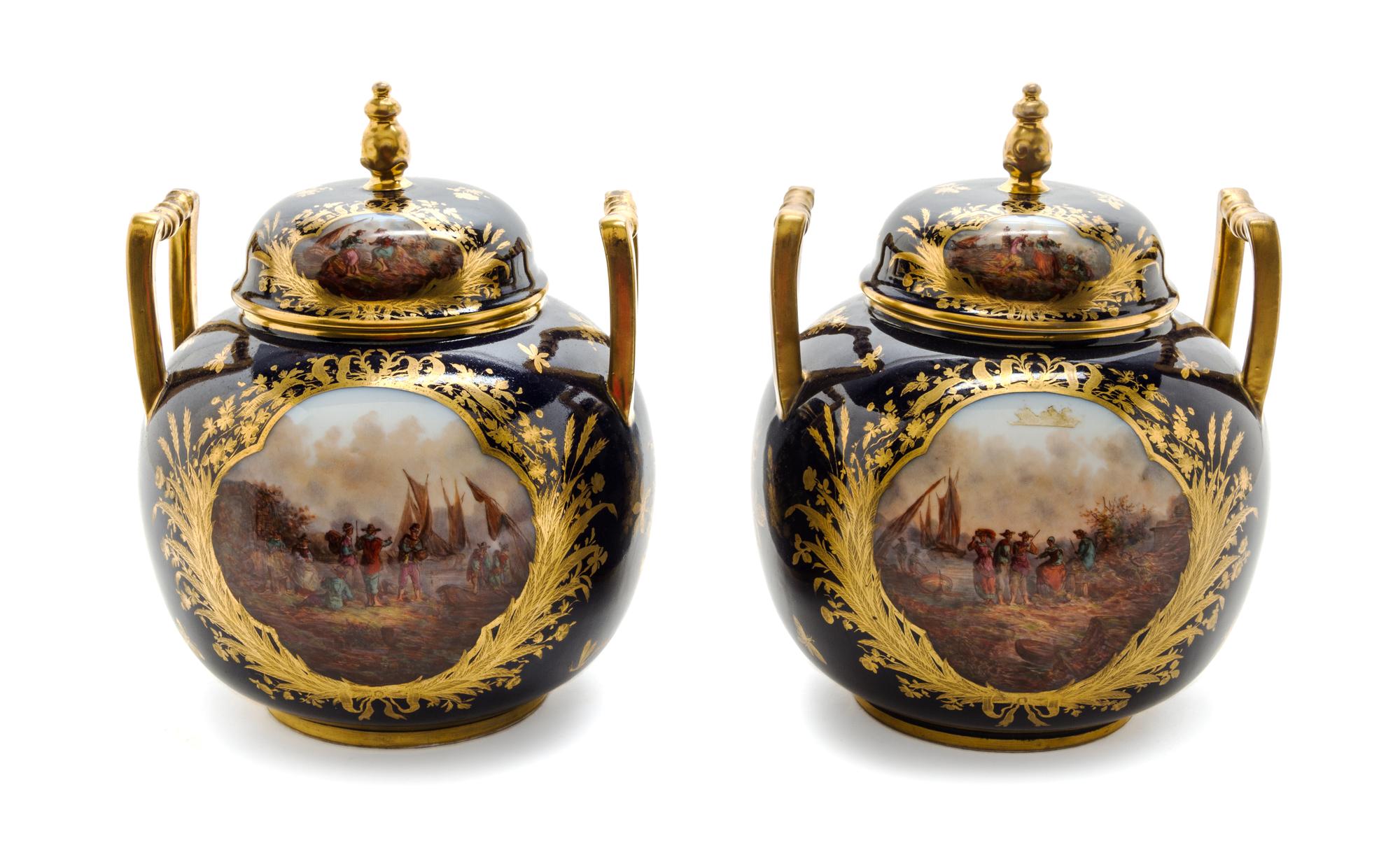 A Pair of Dresden Porcelain Jars and Covers, Height 11 3/4 inches.