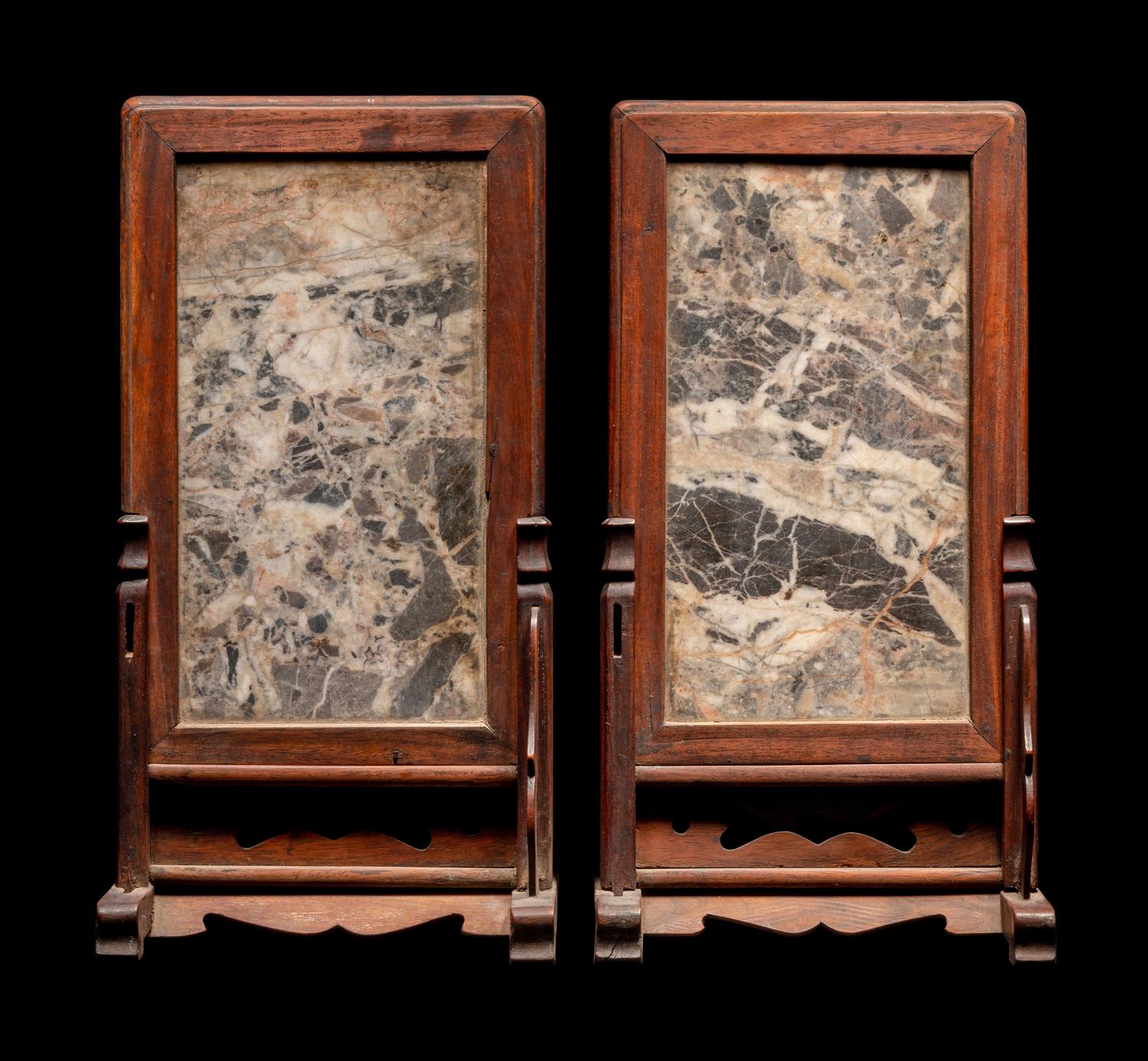 A Pair of Chinese Marble Inset Hardwood Table Screens
