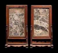 A Pair of Chinese Marble Inset Hardwood Table Screens