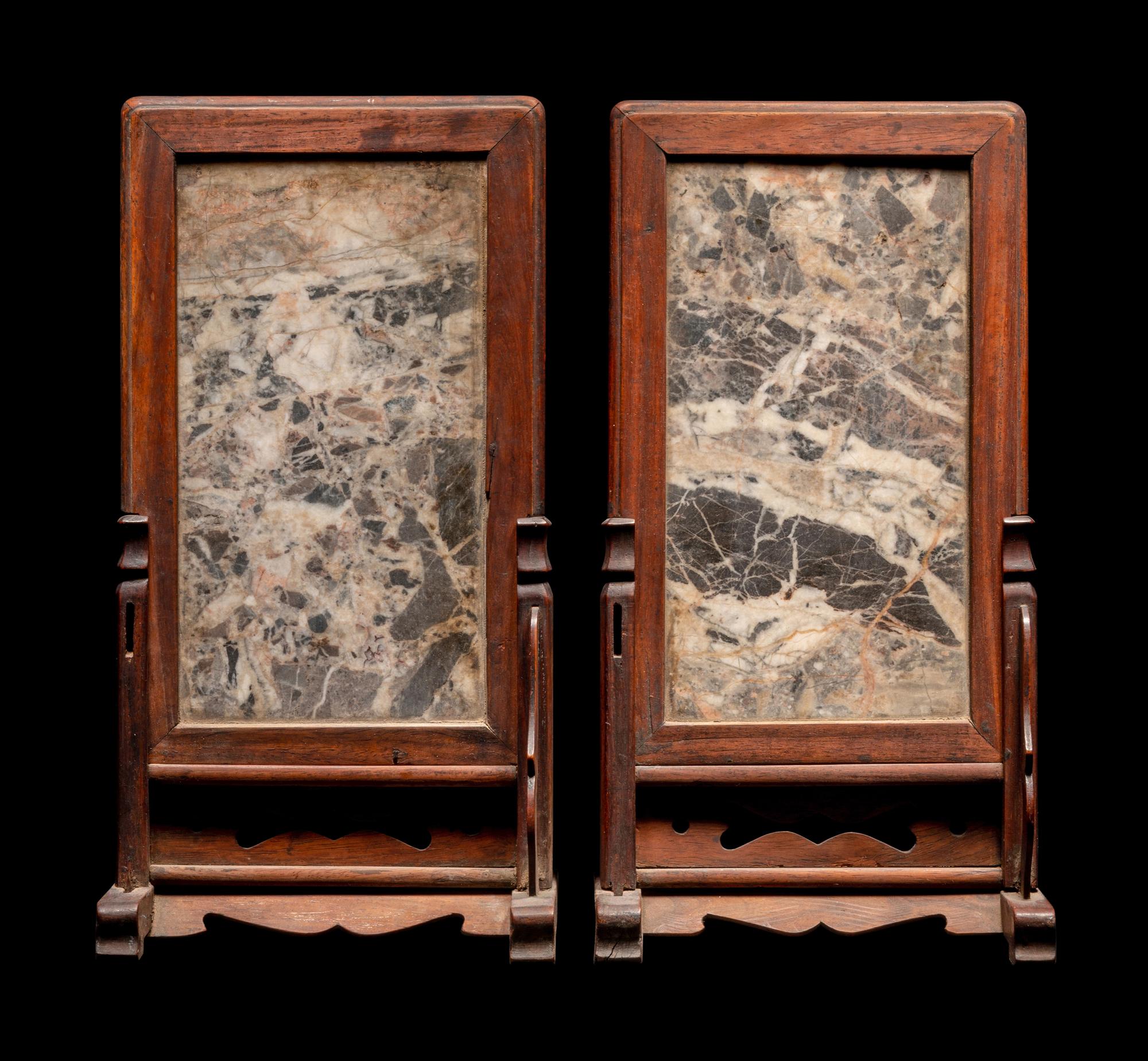 A Pair of Chinese Marble Inset Hardwood Table Screens