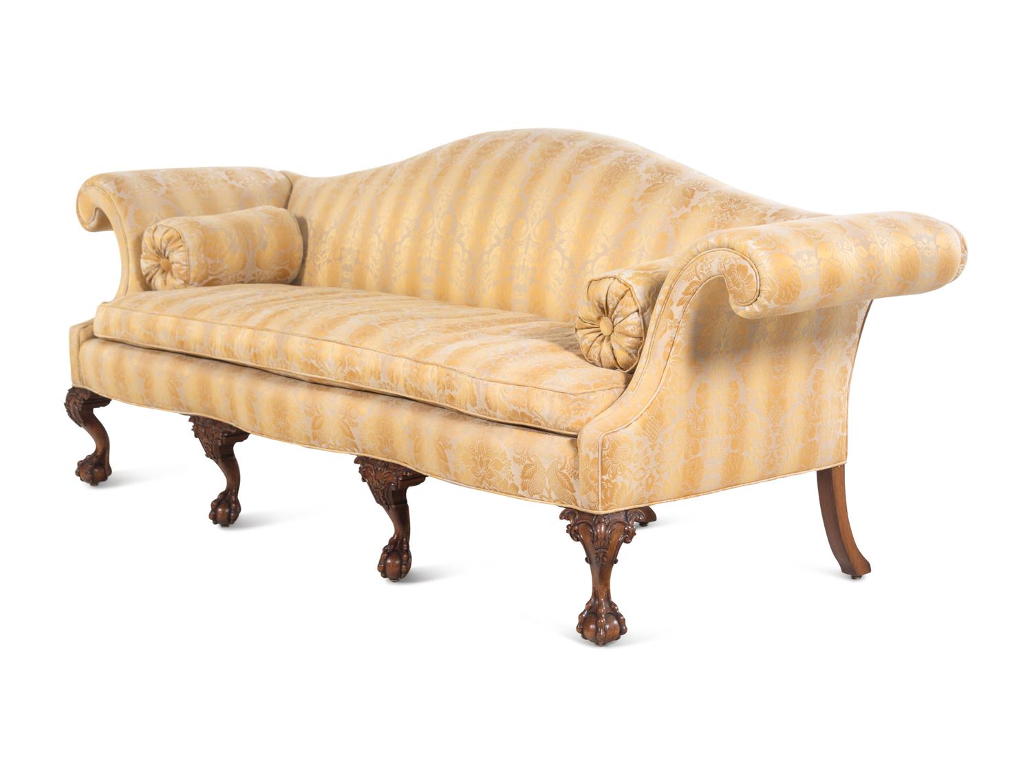 A Pair of George II Style Camelback Sofas with Scalamandré Upholstery