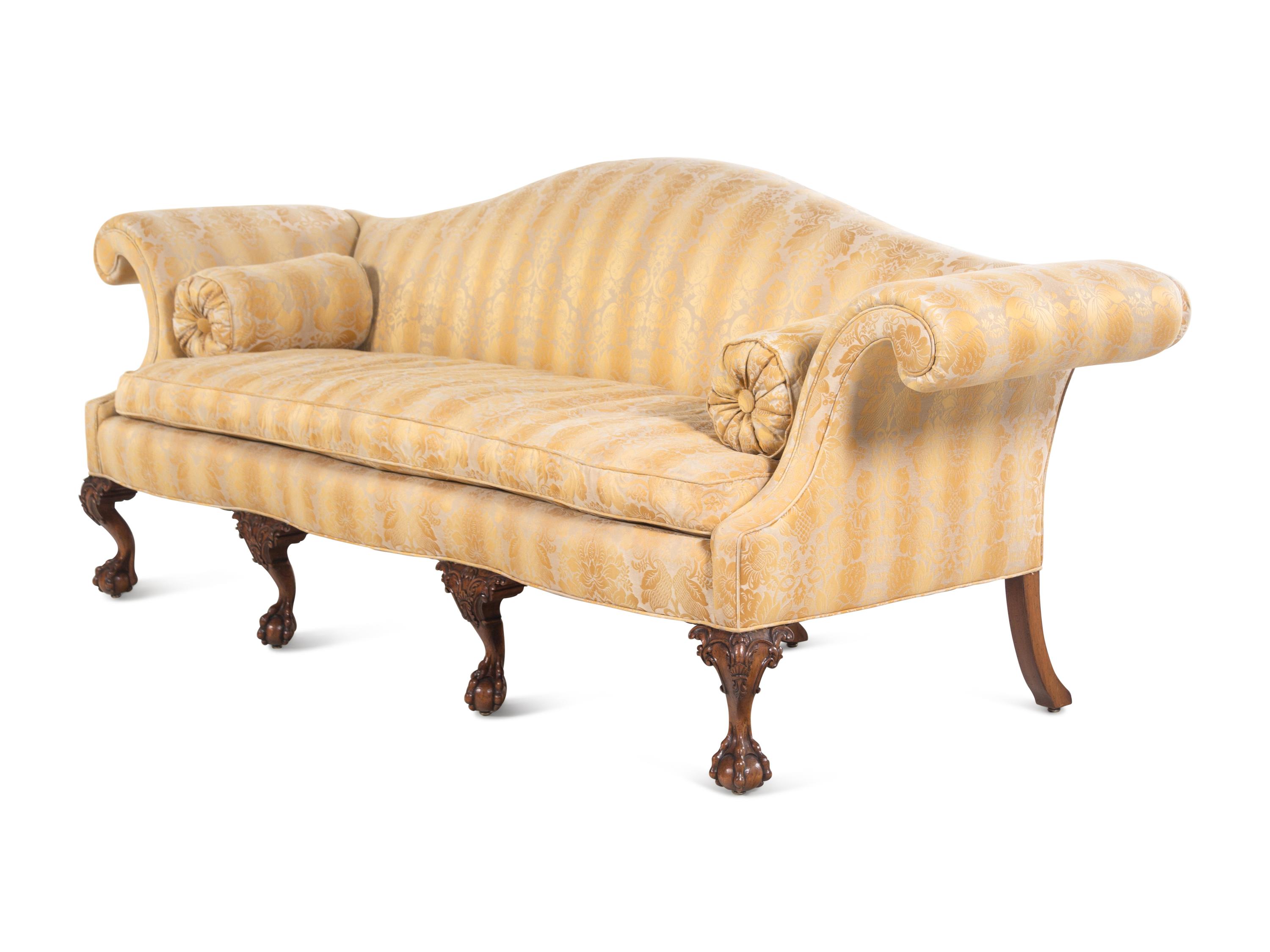 A Pair of George II Style Camelback Sofas with Scalamandré Upholstery
