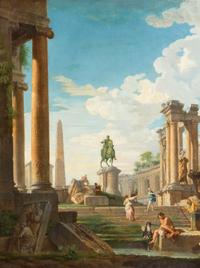 Manner of Giovanni Paolo Panini, (Italian, 1691-1765), Classical Ruins with Statue of Marcus Aurelius