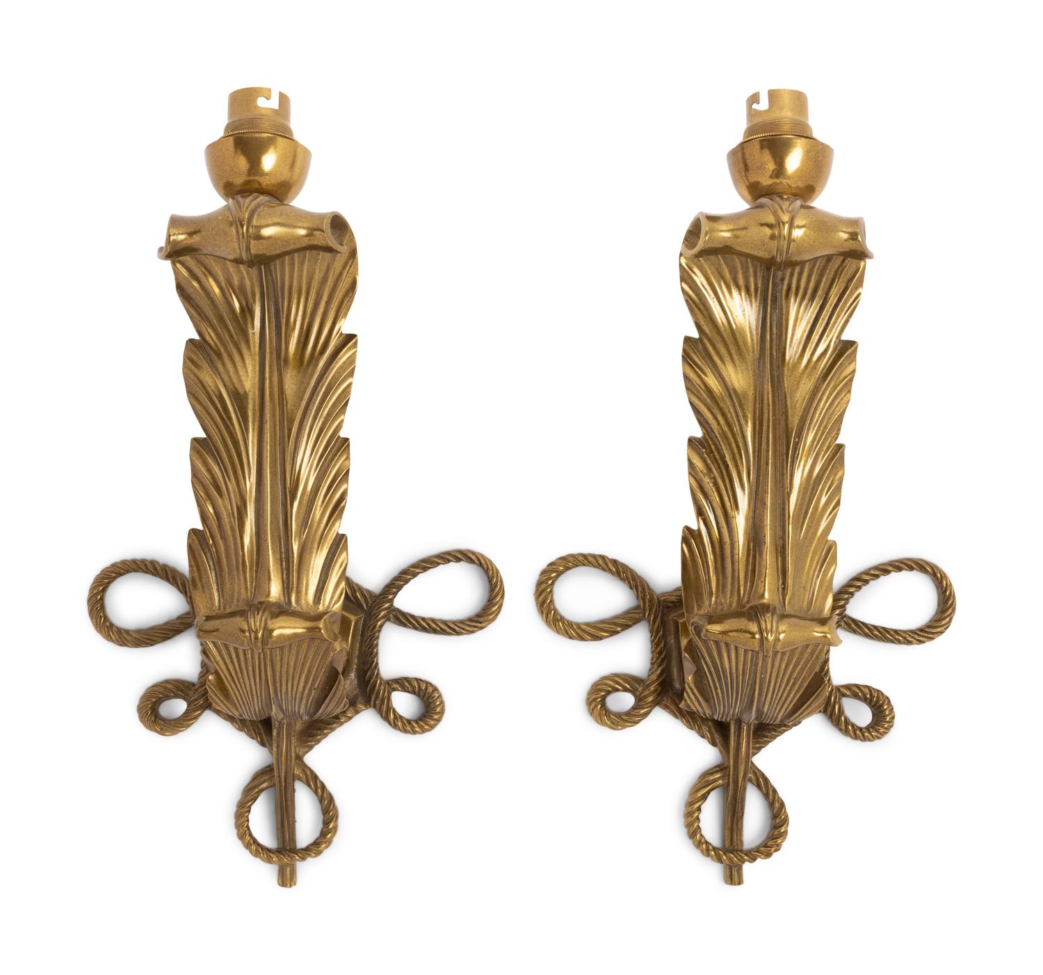 A Pair of Patinated Bronze Single-Light Feather Sconces in the Style of Jules Leleu