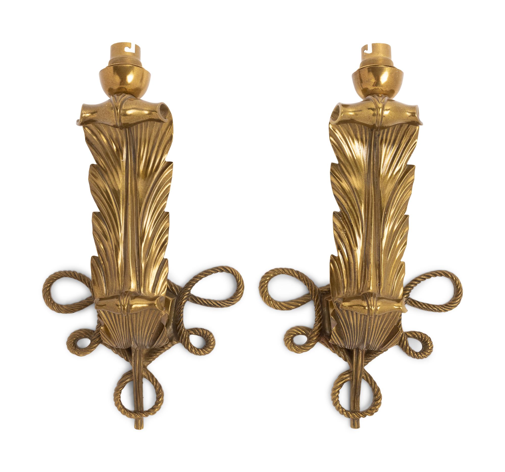 A Pair of Patinated Bronze Single-Light Feather Sconces in the Style of Jules Leleu