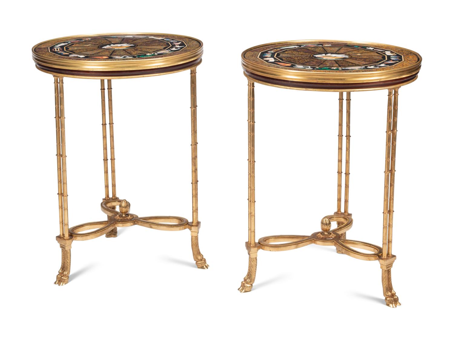 A Pair of Gilt Bronze and Pietra Dura Side Tables