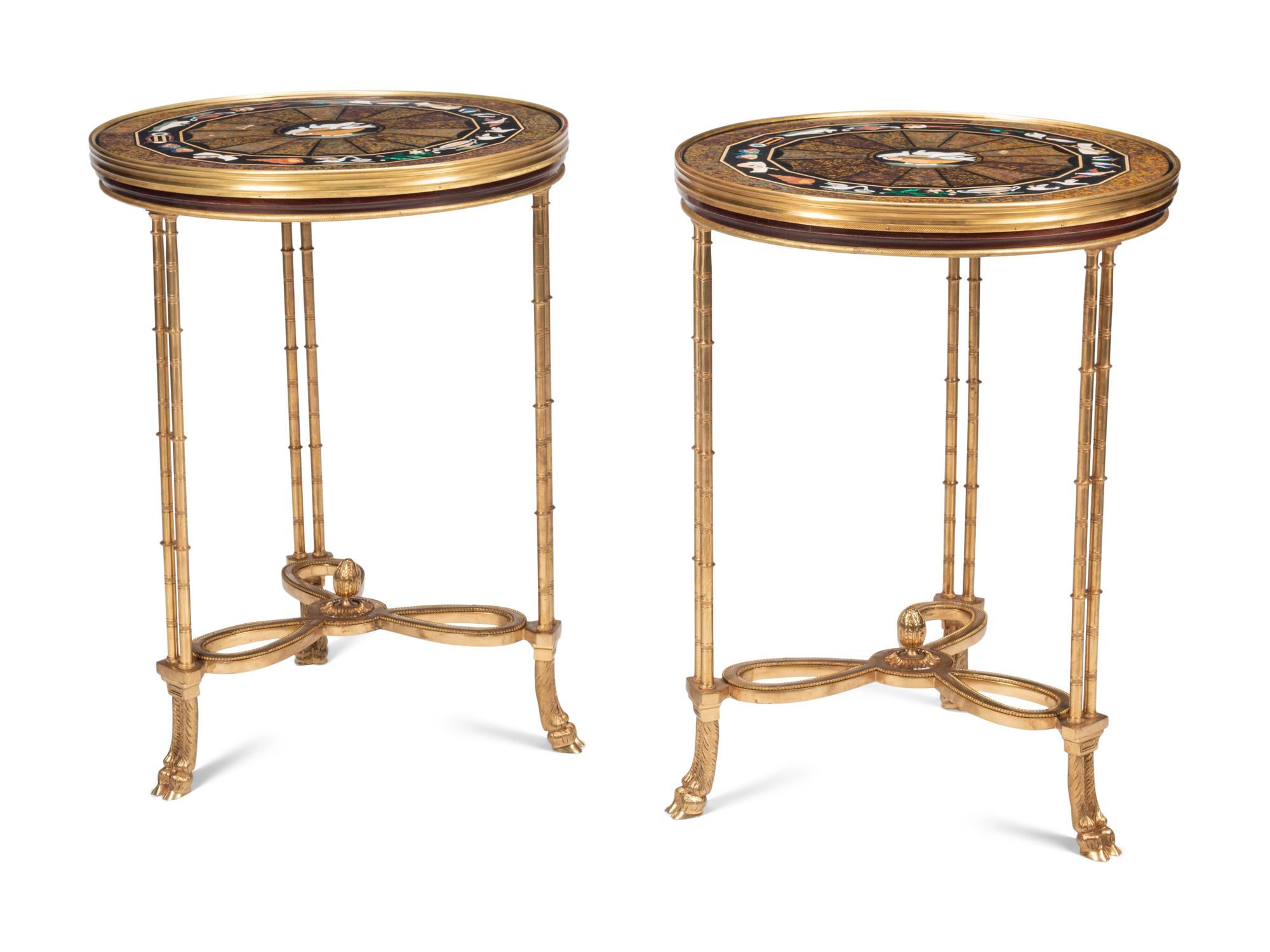A Pair of Gilt Bronze and Pietra Dura Side Tables