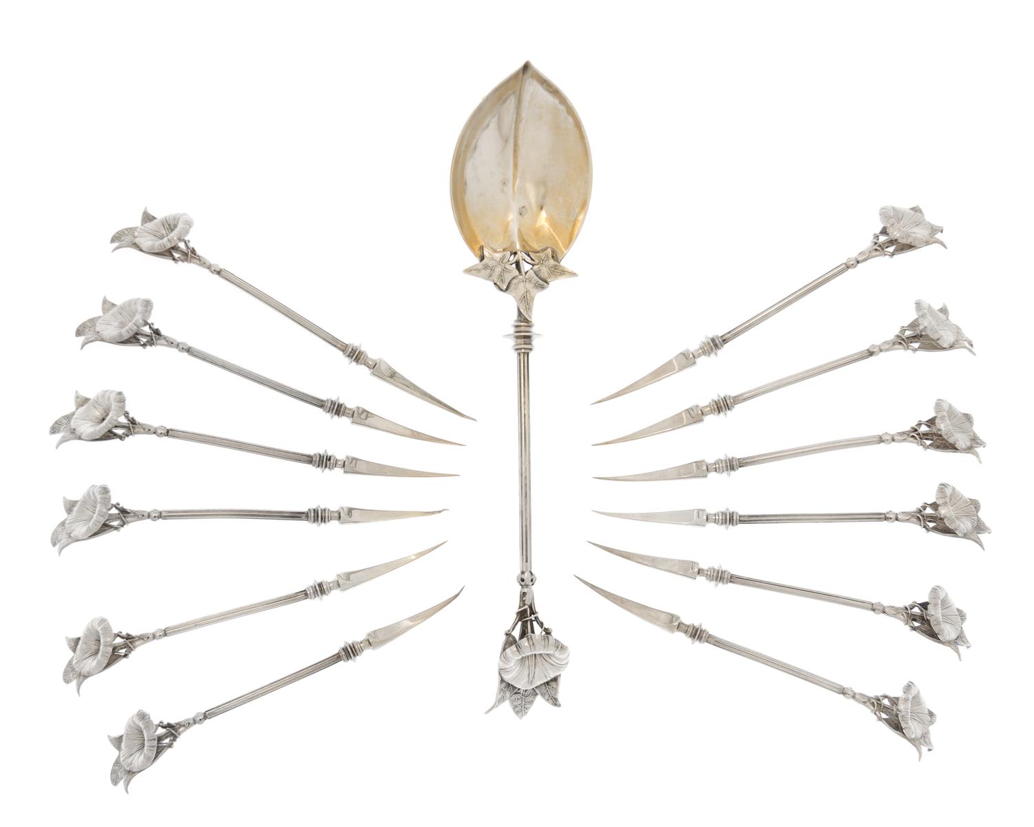 A Cased American Silver Nut Service, Gorham Mfg. Co., Providence, RI, Circa 1865, comprising twelve picks and a serving spoon in the Mo