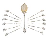 A Cased American Silver Nut Service, Gorham Mfg. Co., Providence, RI, Circa 1865, comprising twelve picks and a serving spoon in the Mo