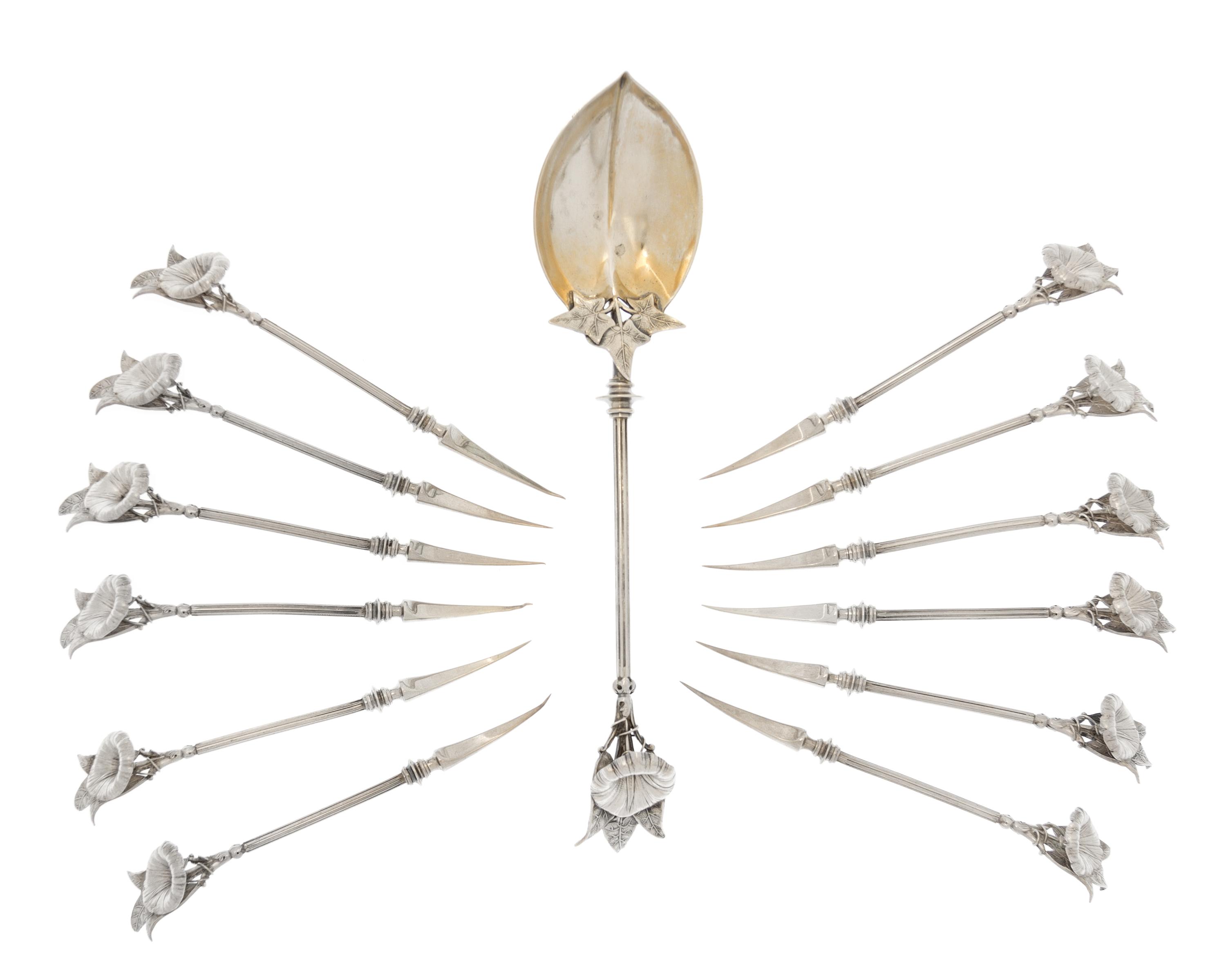 A Cased American Silver Nut Service, Gorham Mfg. Co., Providence, RI, Circa 1865, comprising twelve picks and a serving spoon in the Mo