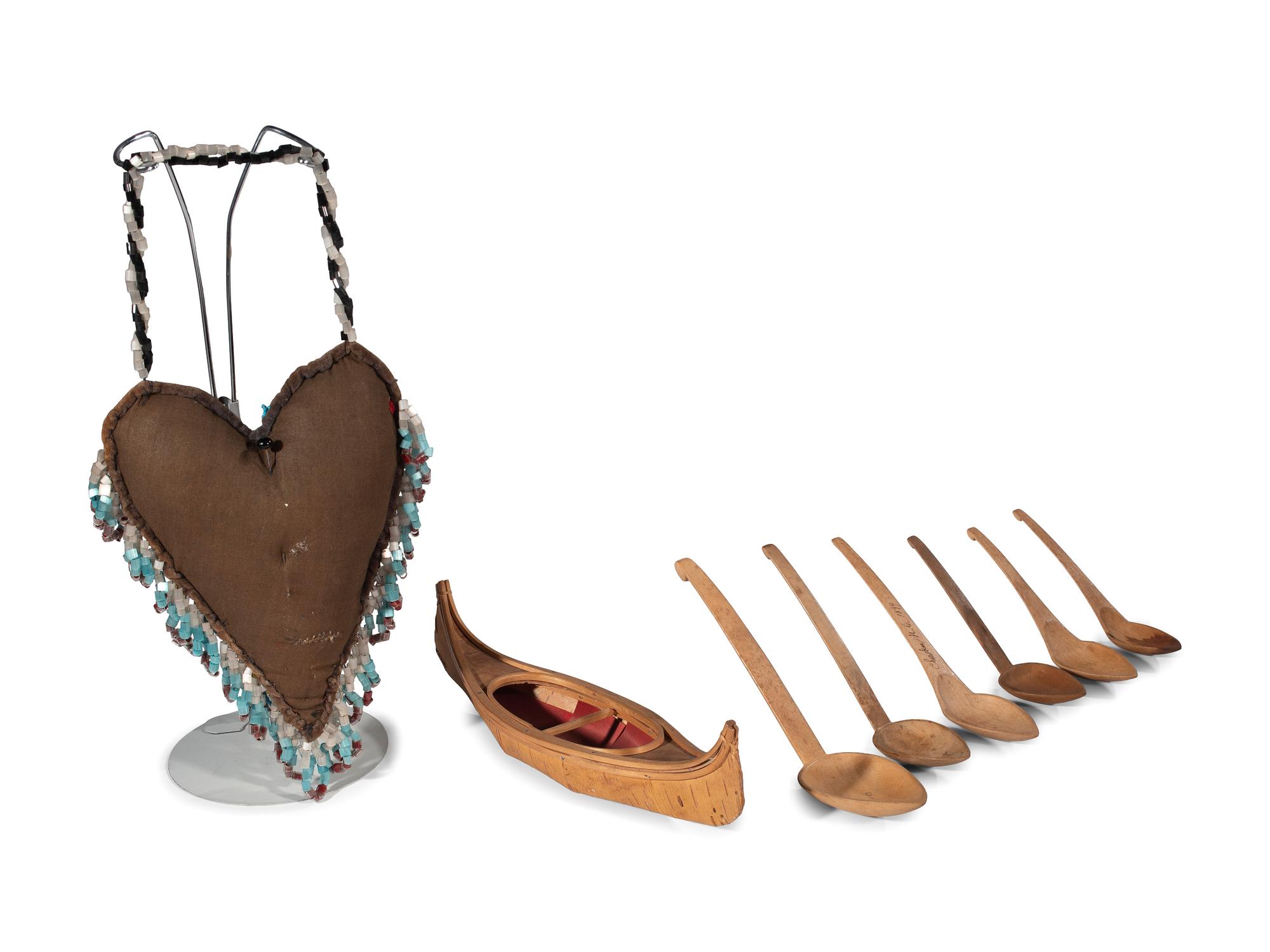 Collection of Cherokee Spoons, Birchbark Canoe, and Whimsey Pin Cushion
