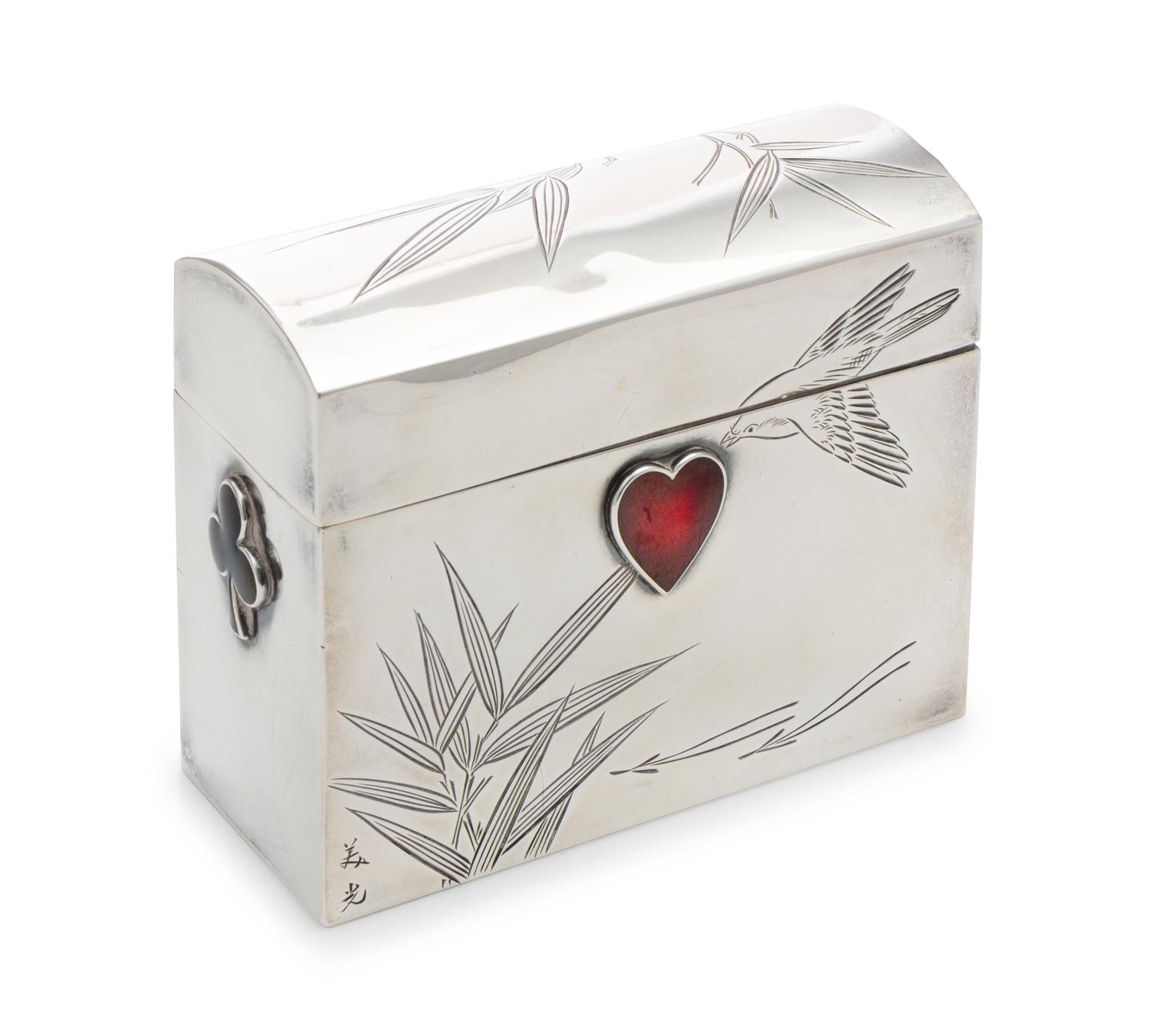 A Japanese Silver and Enamel Playing Card Box, With Two-Character Maker's Mark, 20th Century, the box bright-cut to show a bird among b