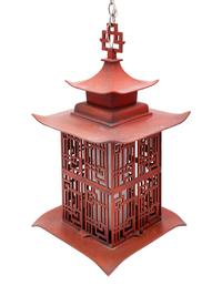 A Pair of Red Tole Pagoda-Form Lanterns