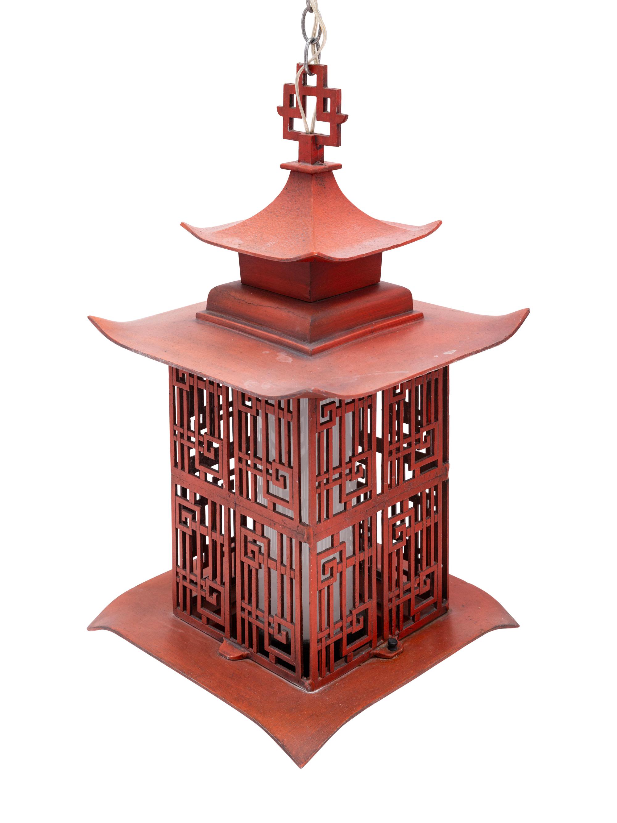 A Pair of Red Tole Pagoda-Form Lanterns
