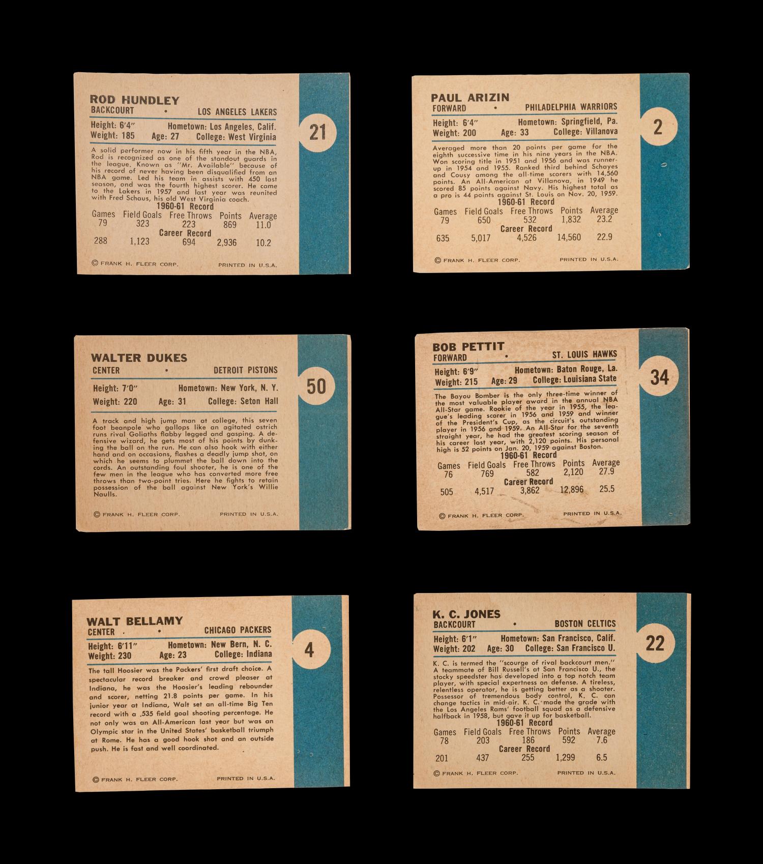 A Group of Six 1961 Fleer Basketball Cards including Walt Bellamy, K.C. Jones, Bob Pettit and Paul Arizin,