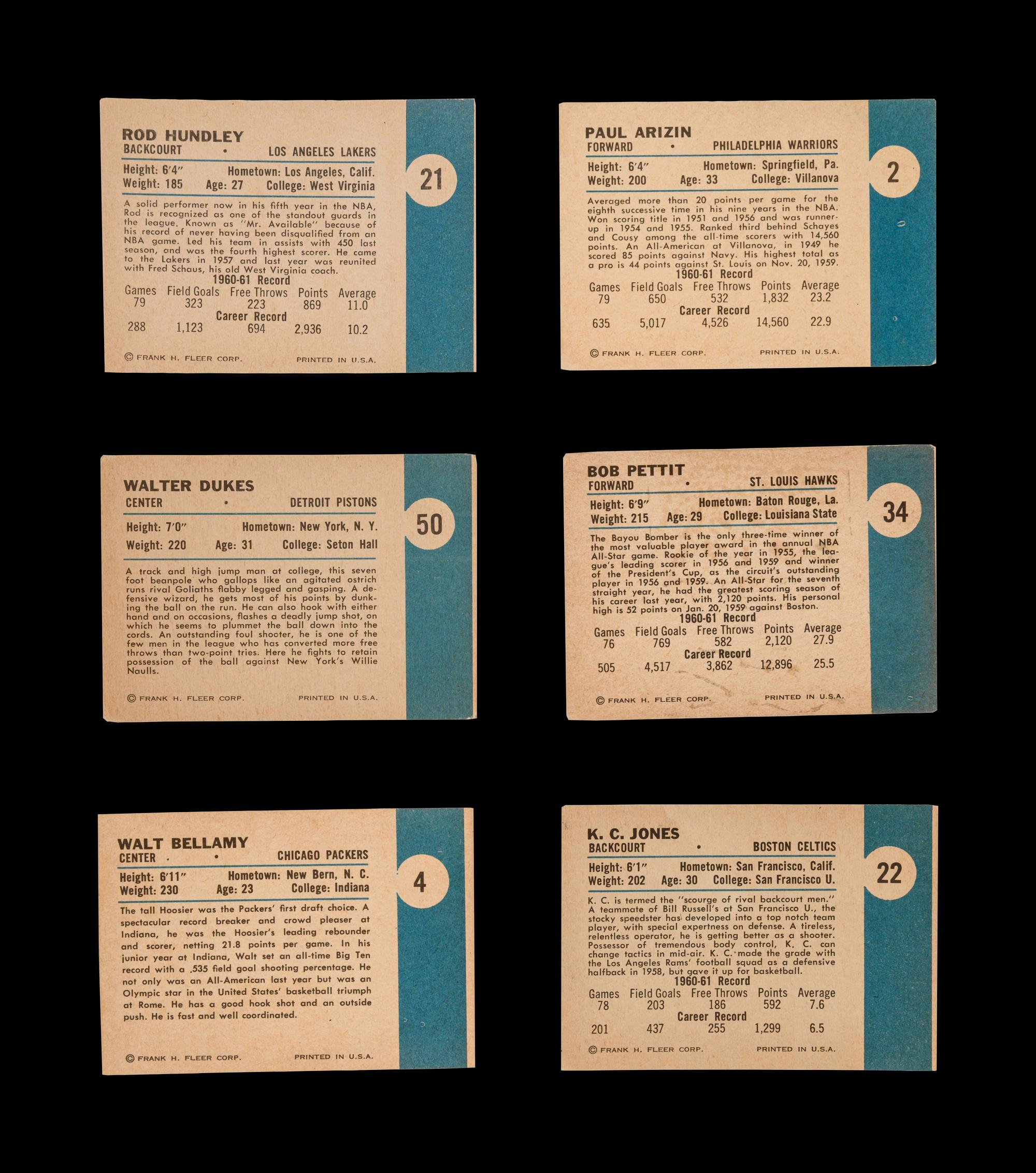 A Group of Six 1961 Fleer Basketball Cards including Walt Bellamy, K.C. Jones, Bob Pettit and Paul Arizin,