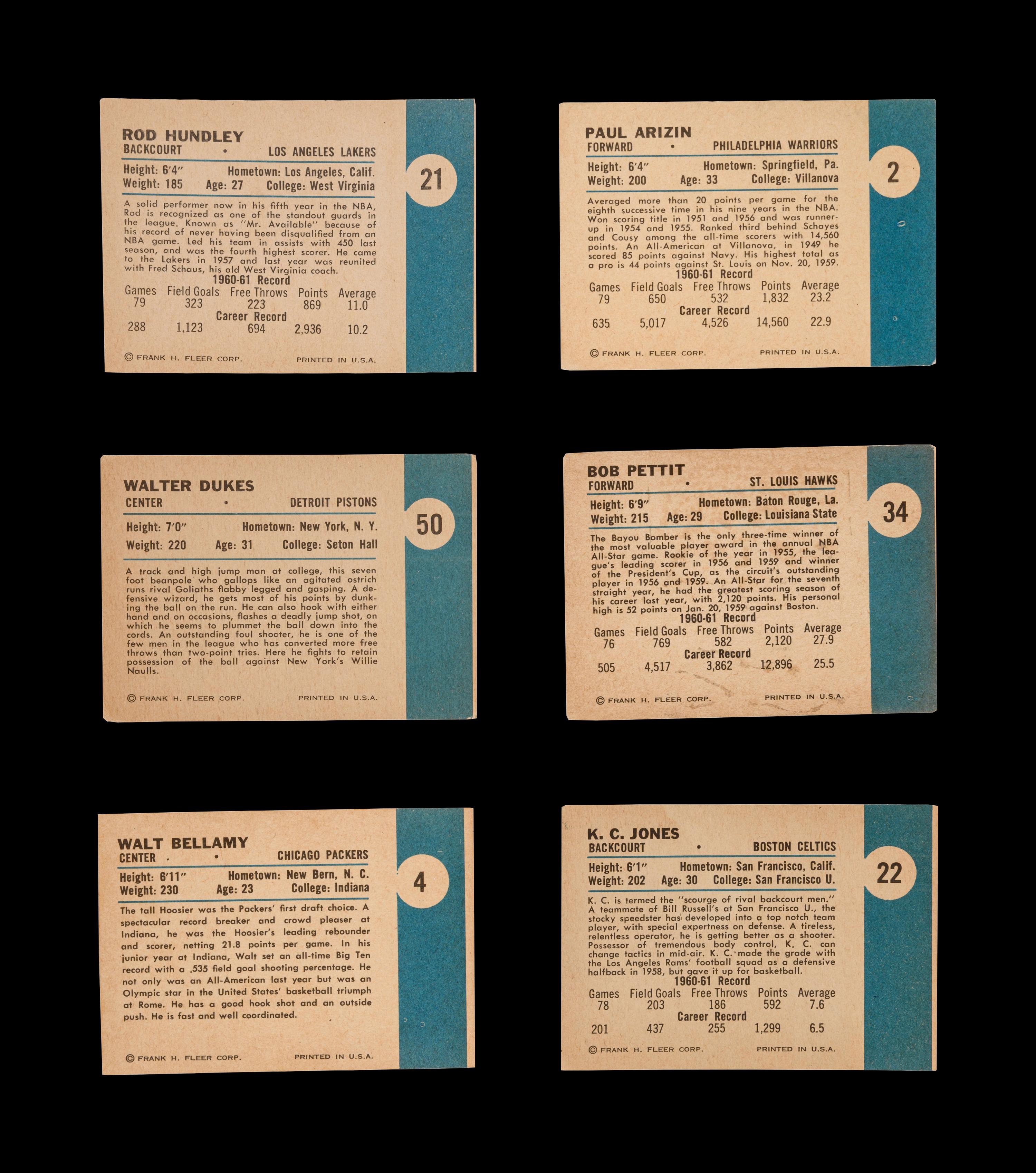 A Group of Six 1961 Fleer Basketball Cards including Walt Bellamy, K.C. Jones, Bob Pettit and Paul Arizin,
