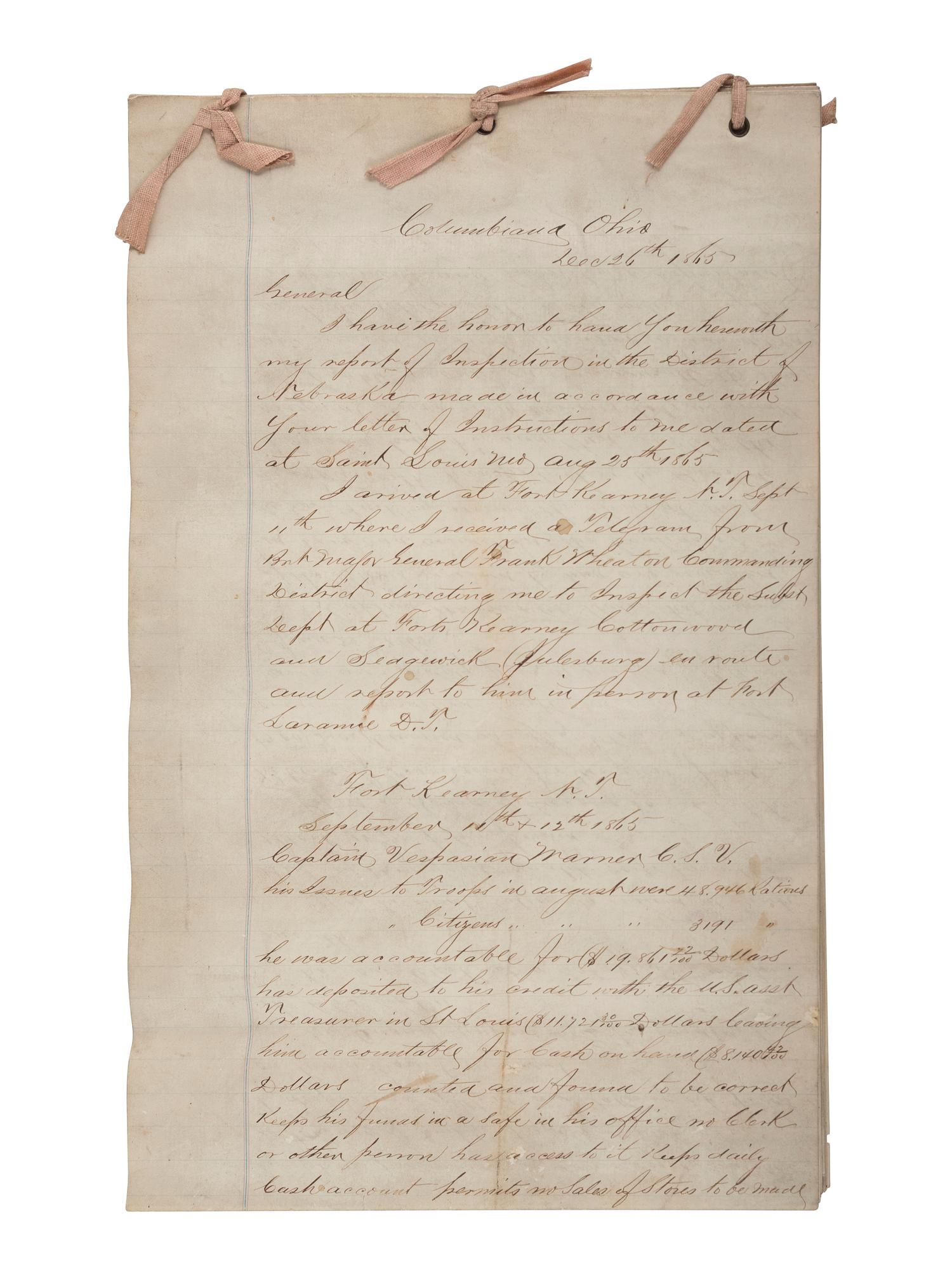 [CIVIL WAR]. Small archive associated with Lt. Col. William M. Vogelson (1831-1892), 27th Ohio Infantry and U.S. Commissary Dept., including a hand-drawn map of frontier stations and a report on "Inspection in the District of Nebraska."
