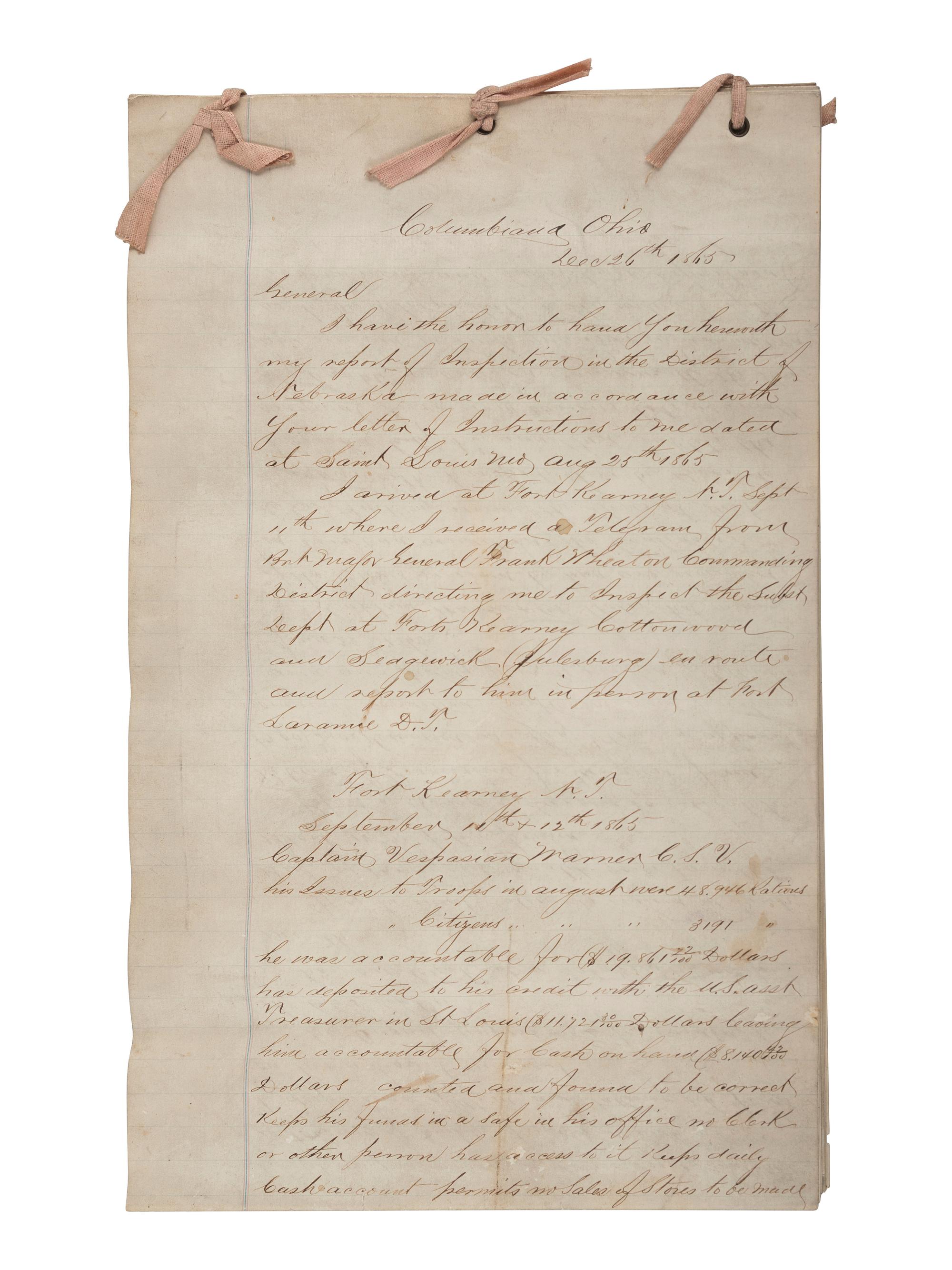 [CIVIL WAR]. Small archive associated with Lt. Col. William M. Vogelson (1831-1892), 27th Ohio Infantry and U.S. Commissary Dept., including a hand-drawn map of frontier stations and a report on "Inspection in the District of Nebraska."
