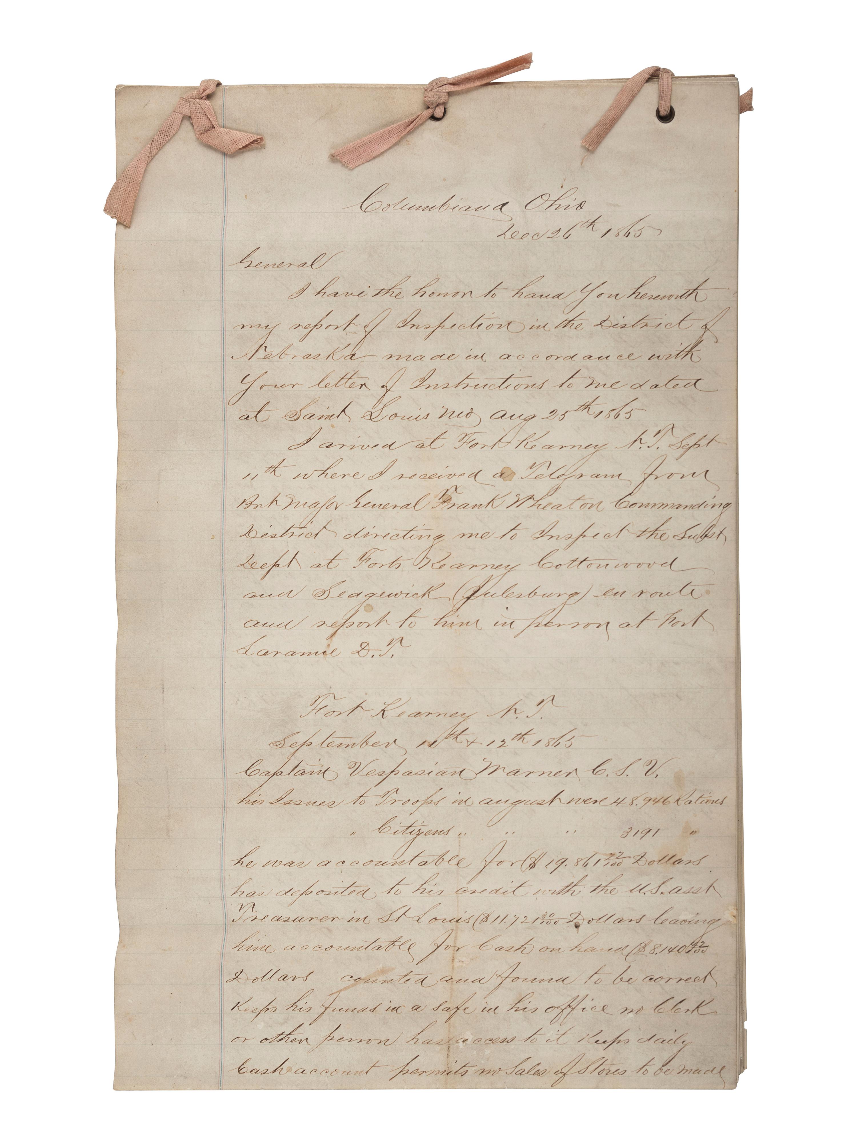 [CIVIL WAR]. Small archive associated with Lt. Col. William M. Vogelson (1831-1892), 27th Ohio Infantry and U.S. Commissary Dept., including a hand-drawn map of frontier stations and a report on "Inspection in the District of Nebraska."