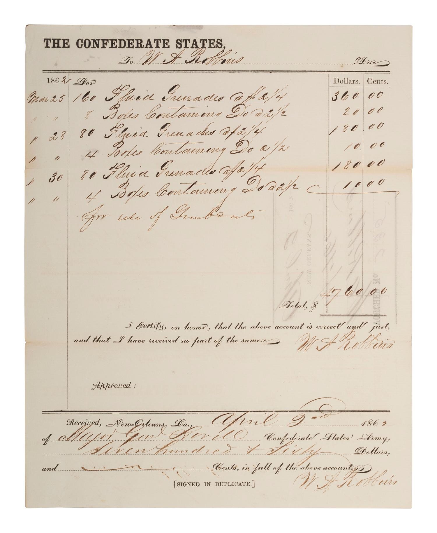 [CIVIL WAR]. Confederate ordnance document ordering "fluid grenades." New Orleans, LA, 2 April 1862.
