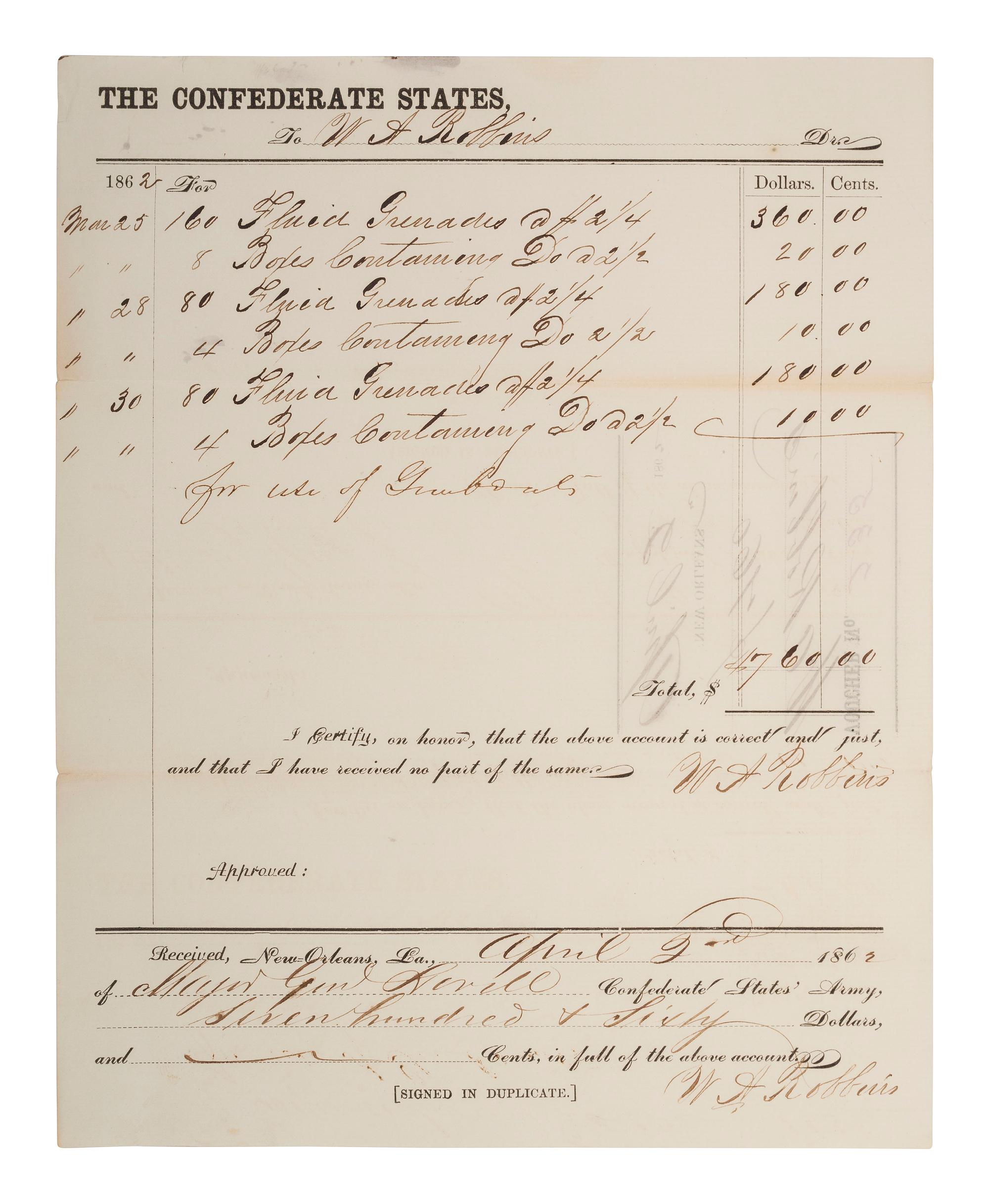 [CIVIL WAR]. Confederate ordnance document ordering "fluid grenades." New Orleans, LA, 2 April 1862.