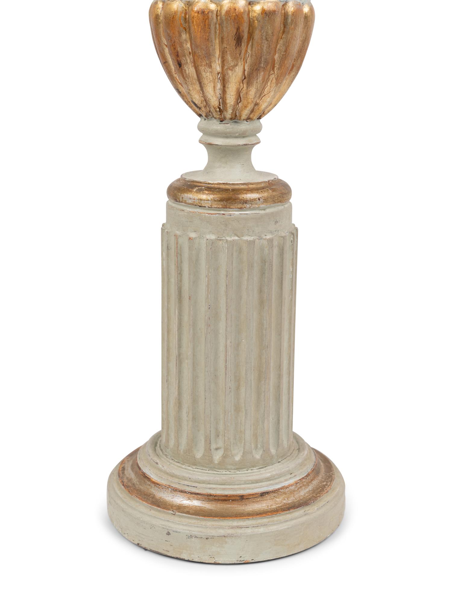A Pair of Painted and Parcel Gilt Urns on Plinths Mounted as Lamps