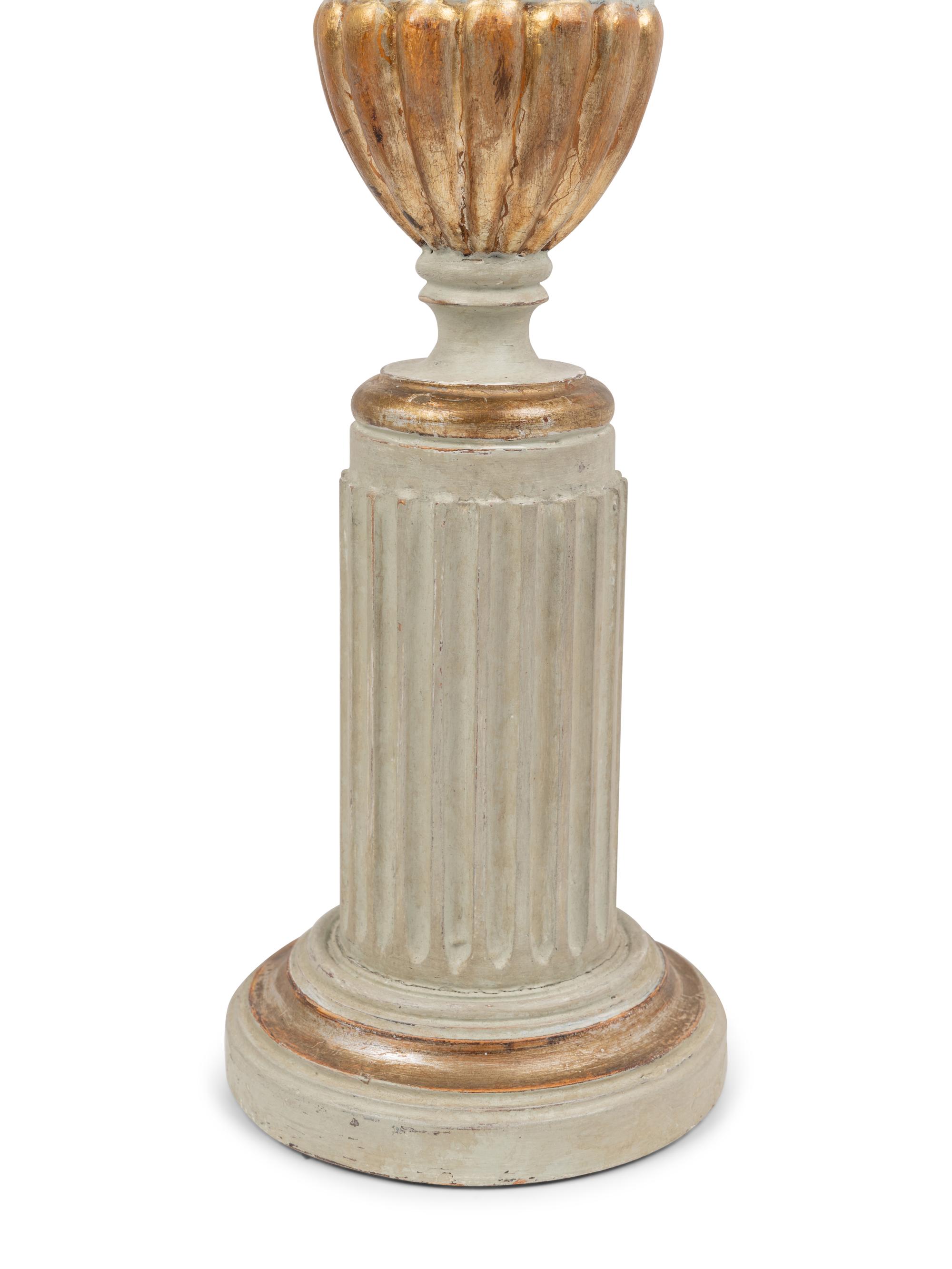 A Pair of Painted and Parcel Gilt Urns on Plinths Mounted as Lamps