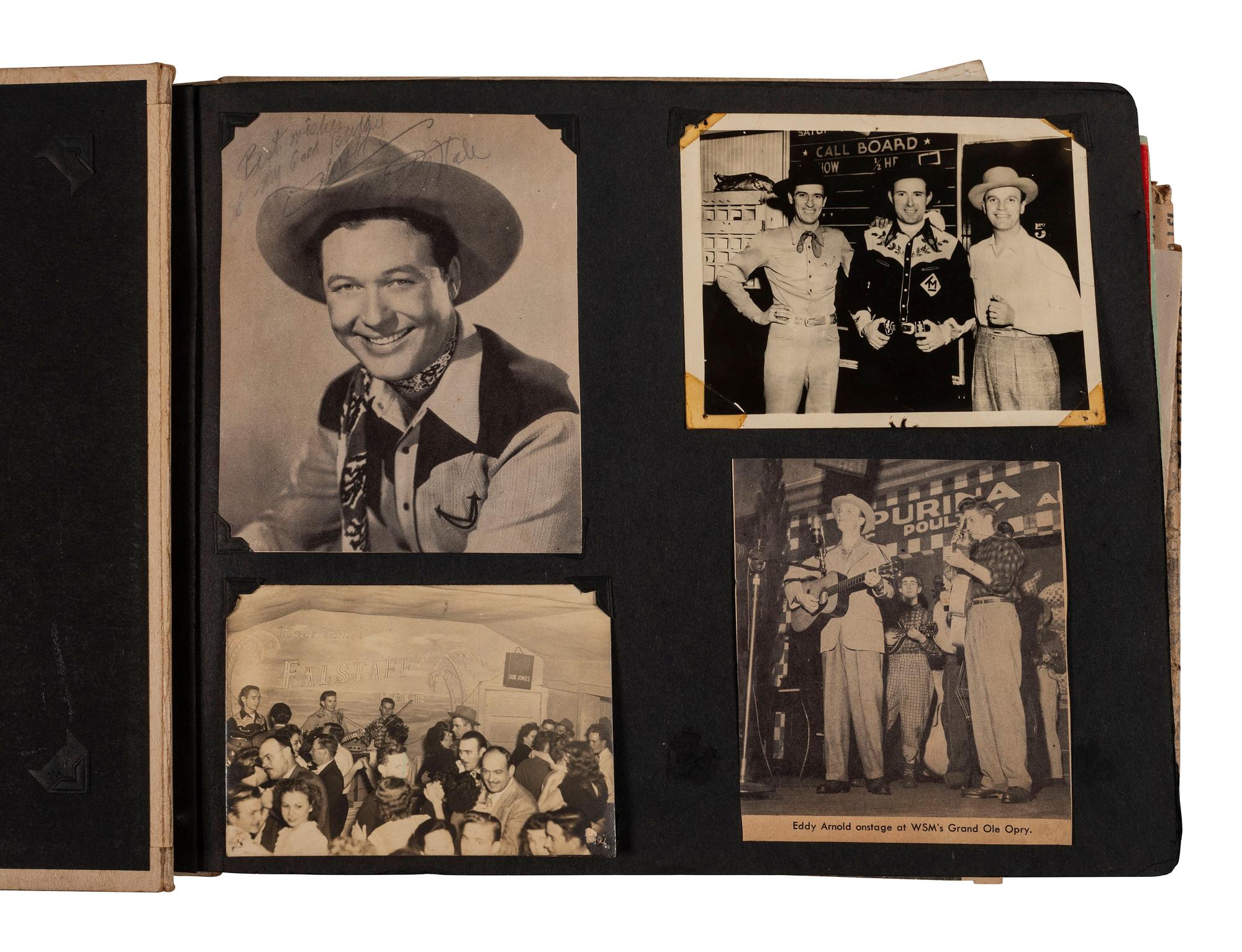 [COUNTRY MUSIC]. Traditional Country Music Hall of Fame scrapbook identified to Harold Sharp, containing rare Hank Williams Memorial Souvenir program.