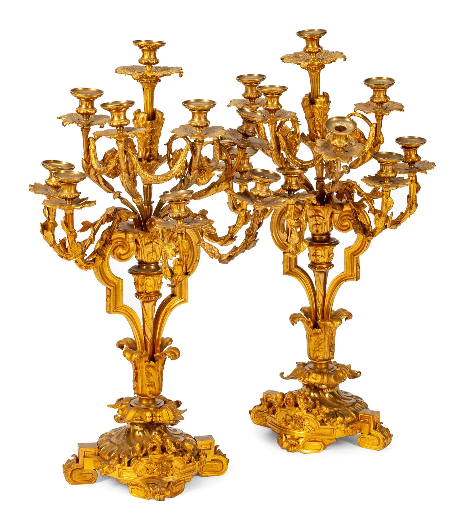 A Pair of Monumental French Gilt-Bronze Ten-Light Candelabra