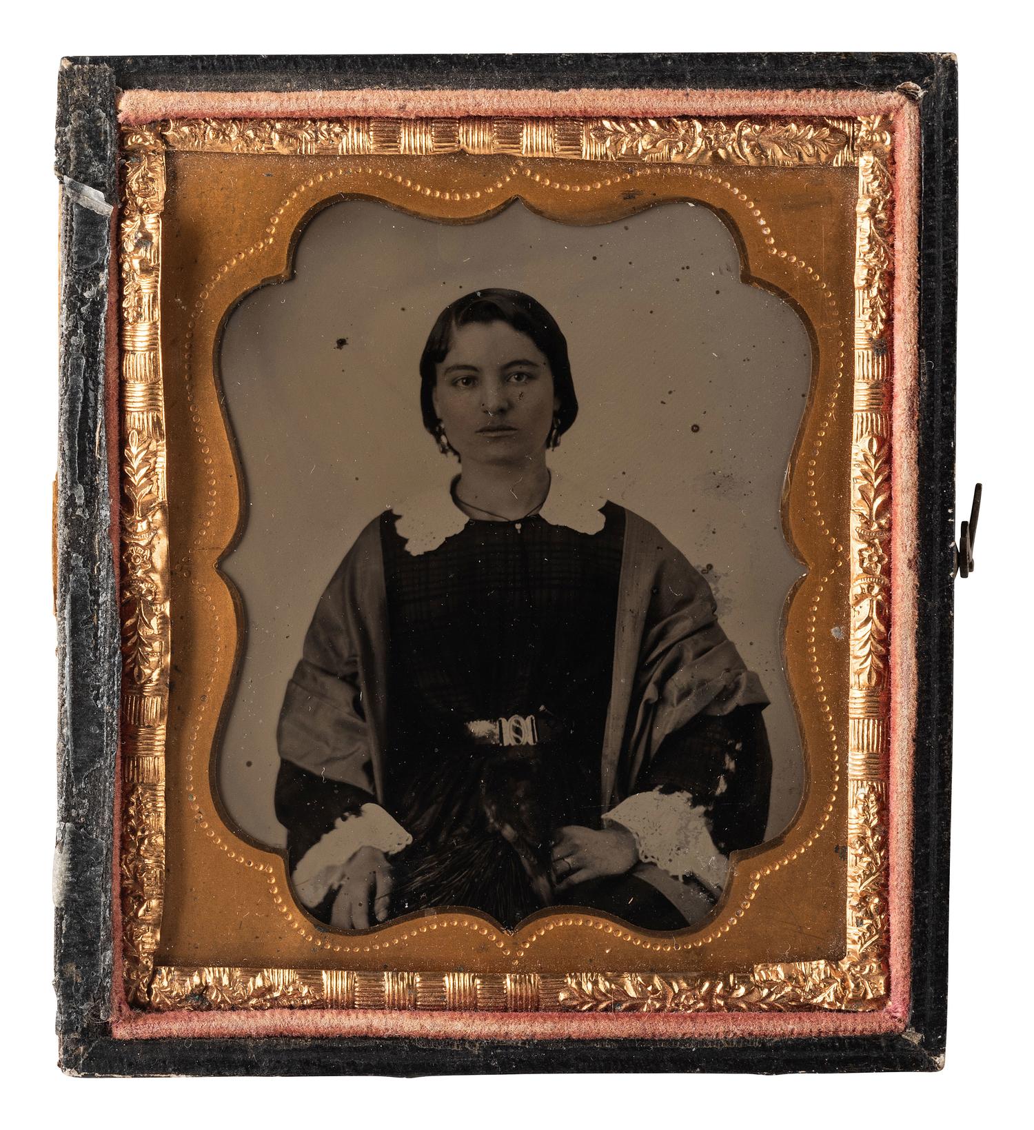BIRD ALERT! A pair of tintype portraits of the same woman holding a dove.