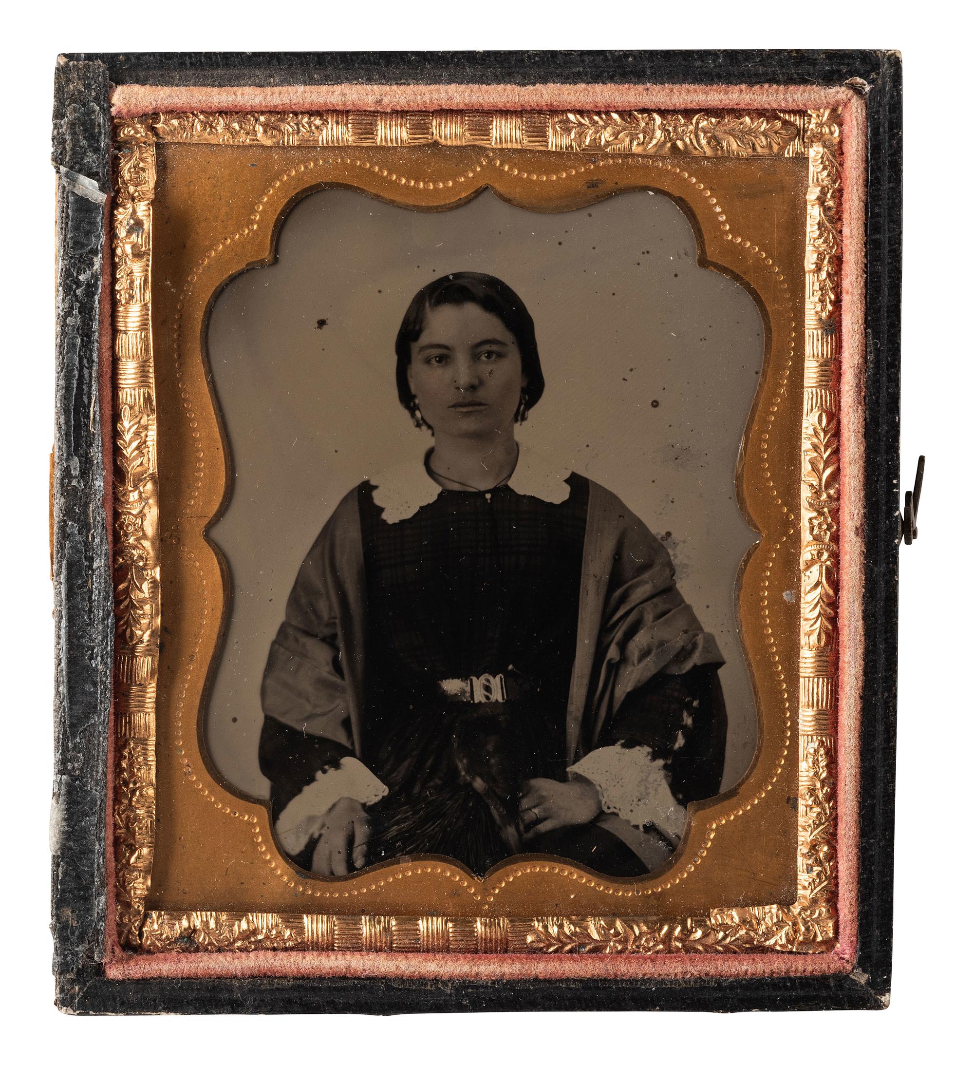 BIRD ALERT! A pair of tintype portraits of the same woman holding a dove.