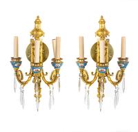 A Pair of Sevres Style Porcelain Mounted Gilt Bronze Five-Light Sconces, Height 19 1/2 inches.