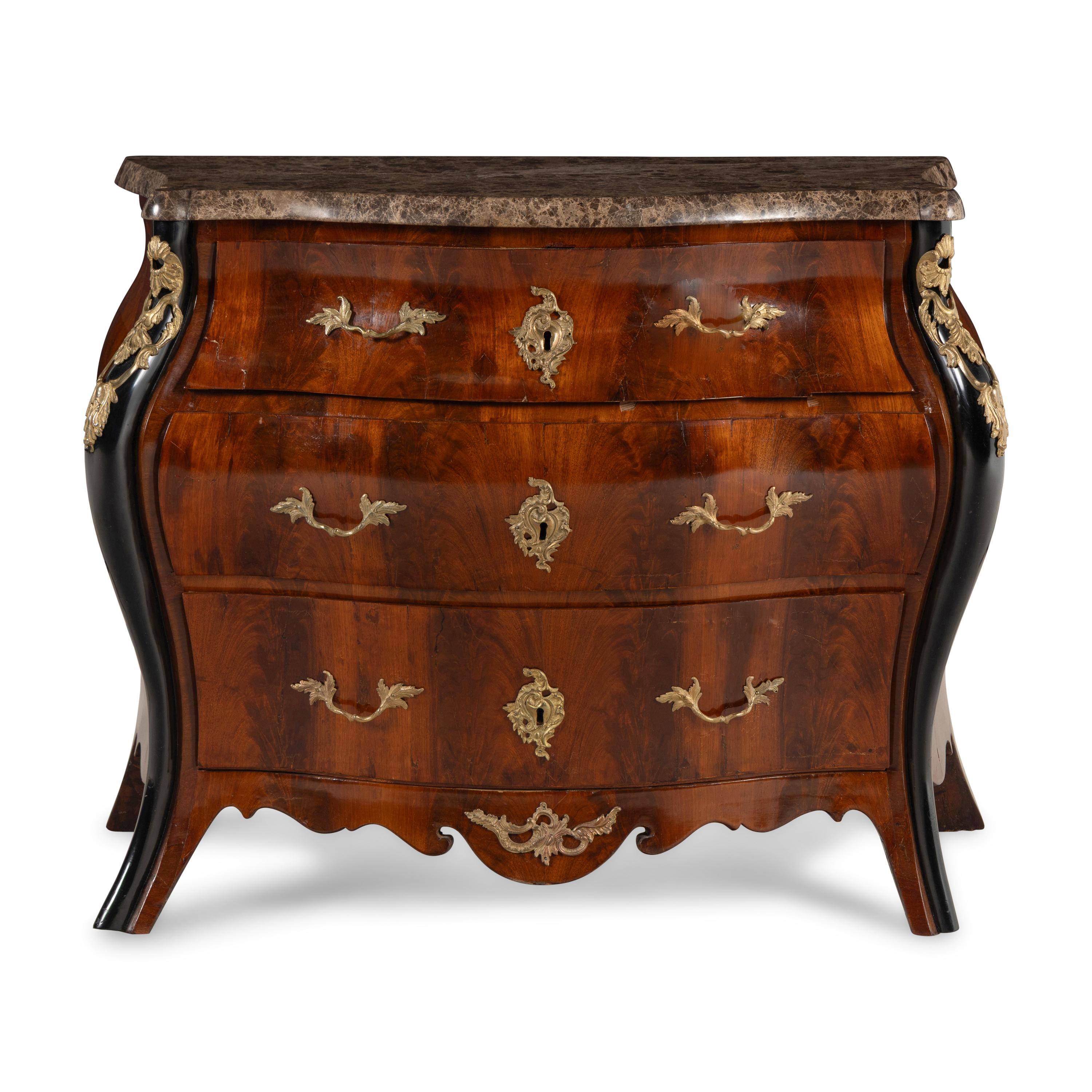 A Louis XV Style Gilt Bronze Mounted Part Ebonized Mahogany Marble-Top Bombé Chest of Drawers