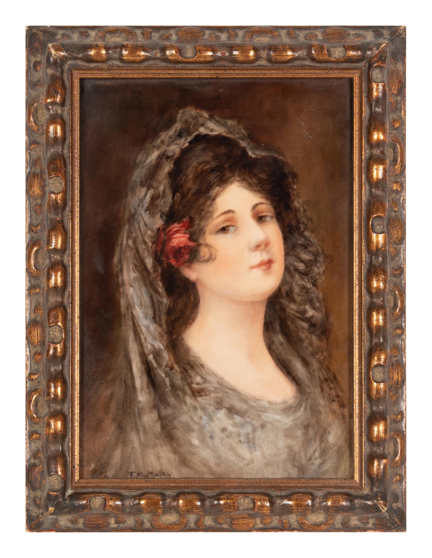 A German Painted Porcelain Plaque of a Shawled Beauty