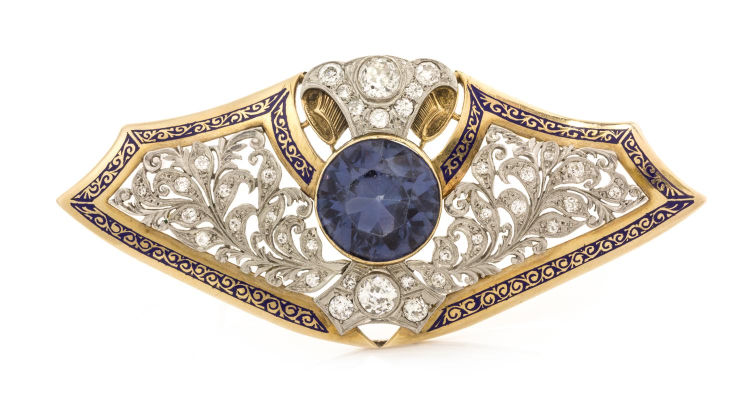 An Edwardian Platinum, Rose Gold, Synthetic Sapphire, Diamond and Enamel Brooch, 19.10 dwts.