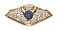 An Edwardian Platinum, Rose Gold, Synthetic Sapphire, Diamond and Enamel Brooch, 19.10 dwts.