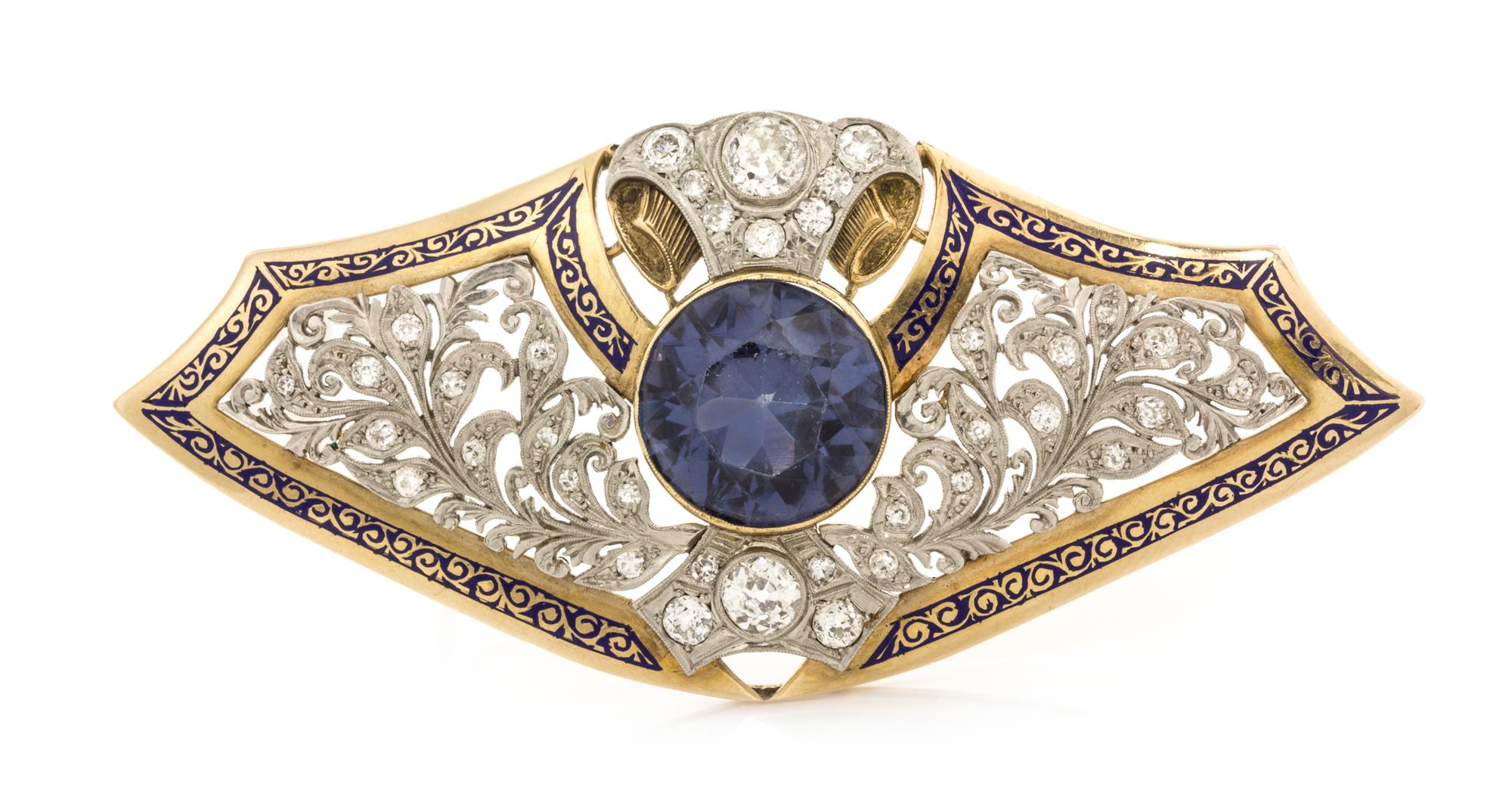 An Edwardian Platinum, Rose Gold, Synthetic Sapphire, Diamond and Enamel Brooch, 19.10 dwts.