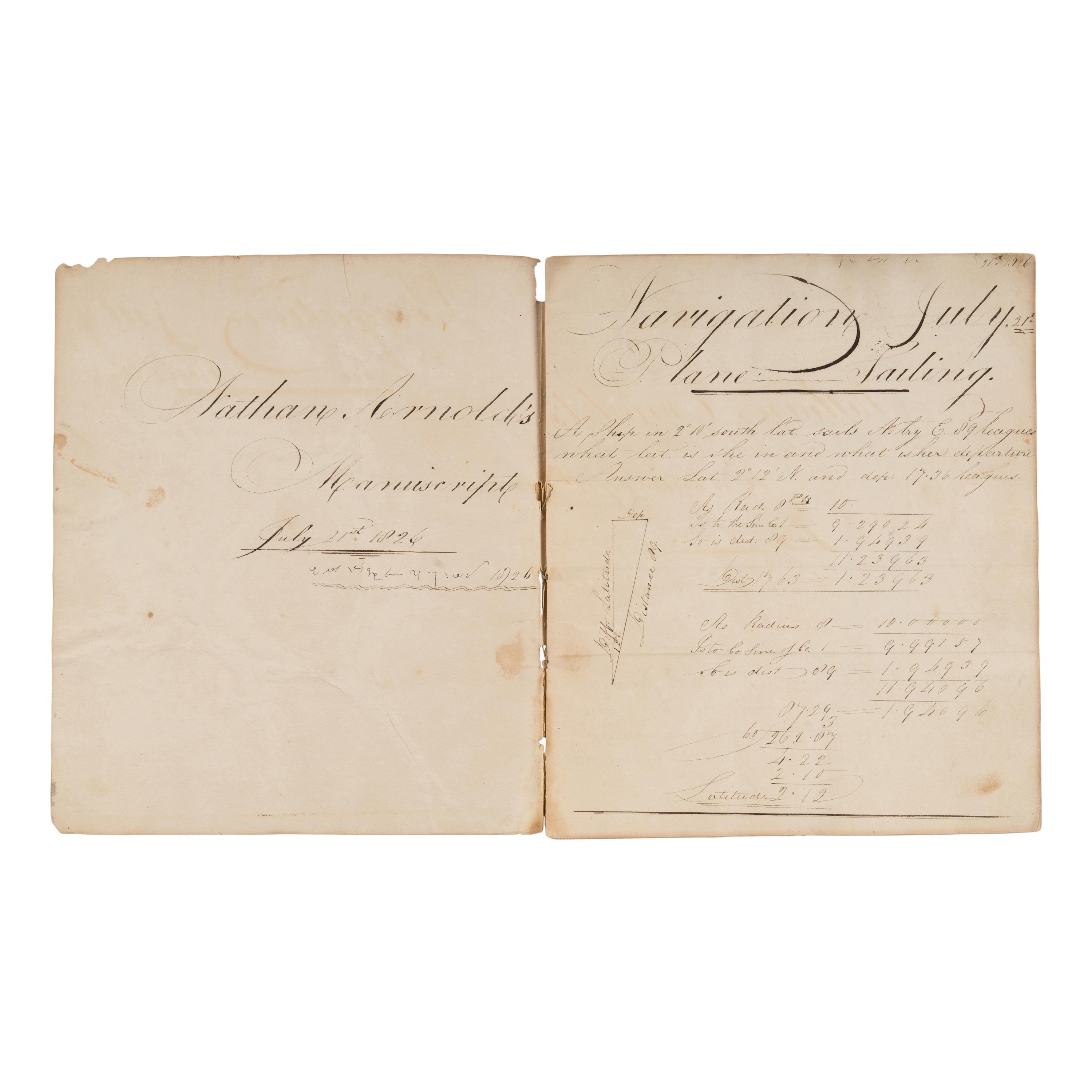 [U.S. Navy]. Arnold, Nathan. Manuscript naval examination book, illustrated with drawings of ships, including the USS Constitution , and voyage charts. N.p., 21 July 1826.