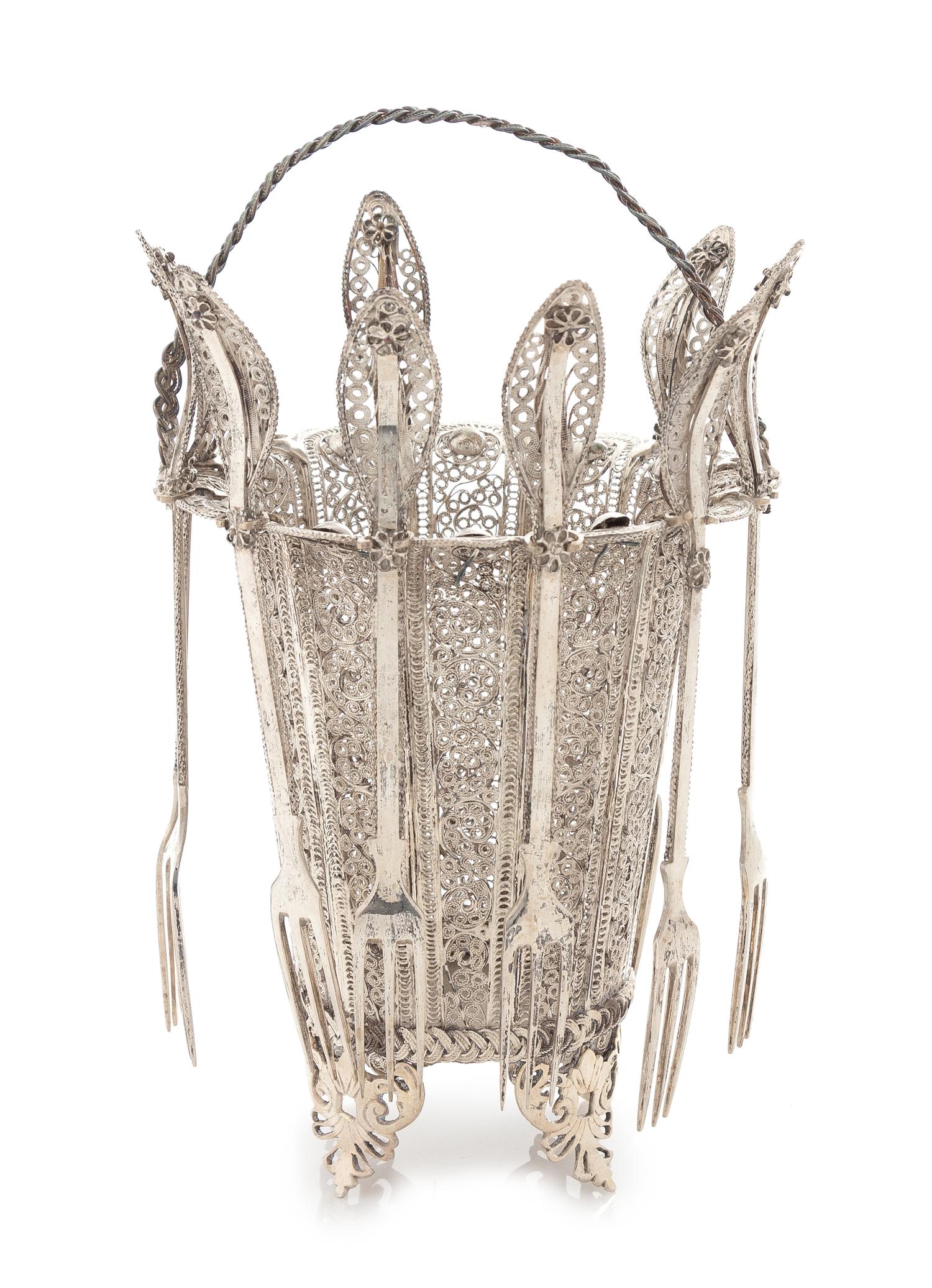 A Continental Silvered Metal Filigree Sweetmeat Basket and Forks, Probably Russian, Late 19th/Early 20th Century, comprising a basket a