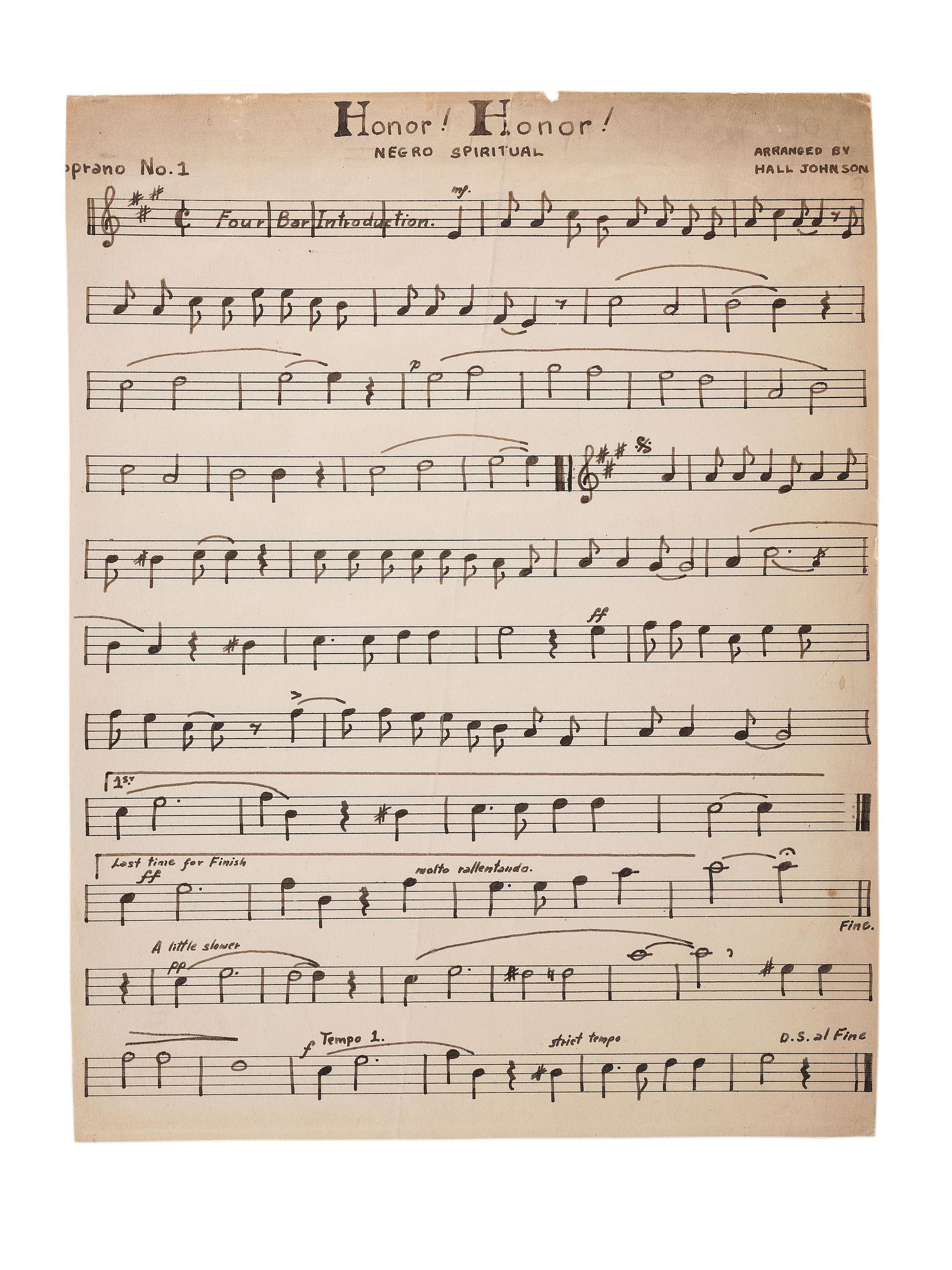 [MUSIC]. JOHNSON, Hall (1888-1970). Honor! Honor! Negro Spiritual. Handwritten sheet music and photograph. Ca 1930s-1940s.