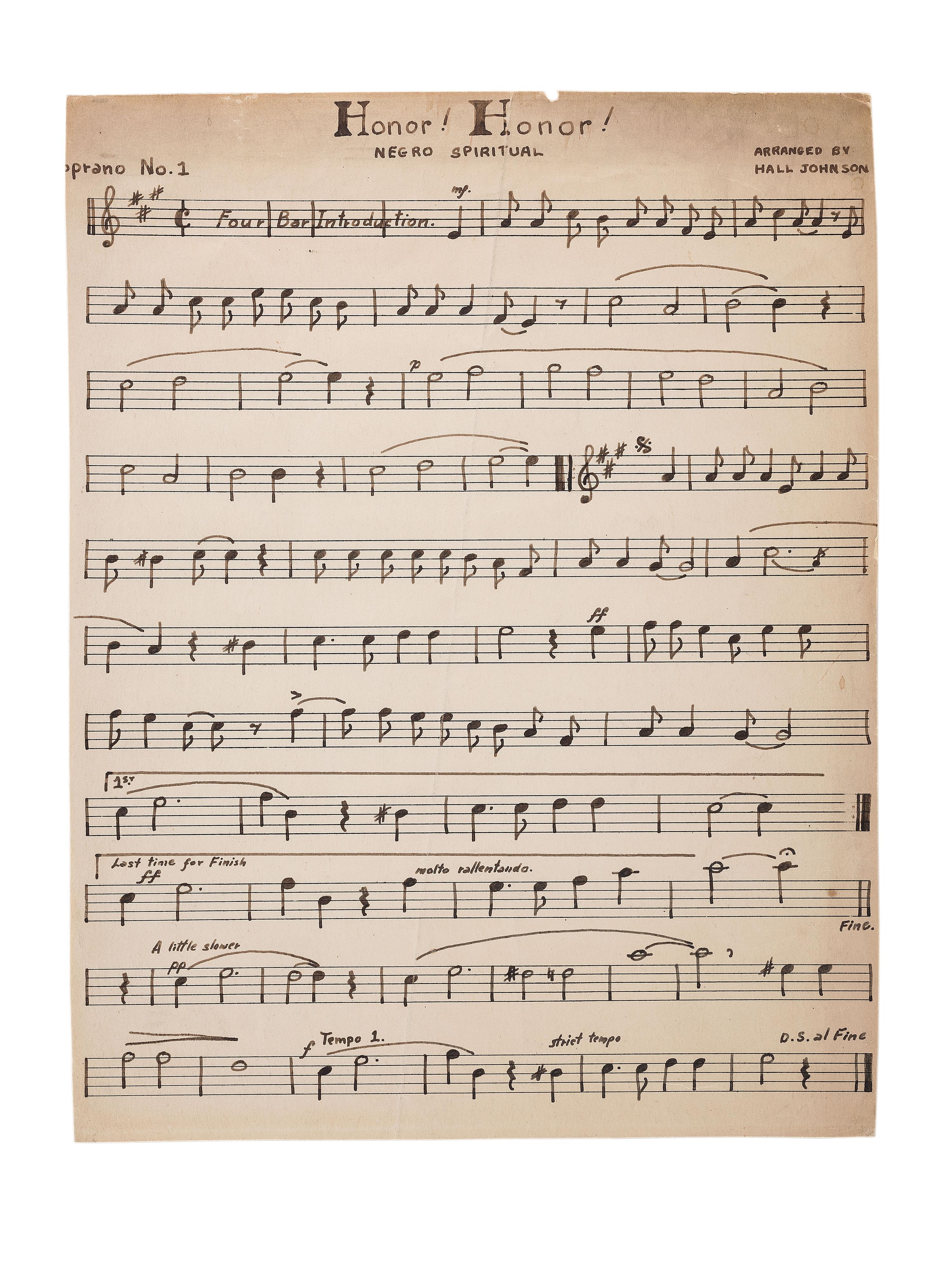 [MUSIC]. JOHNSON, Hall (1888-1970). Honor! Honor! Negro Spiritual. Handwritten sheet music and photograph. Ca 1930s-1940s.