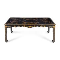 A Modern Parcel Gilt and Black Lacquered Chinoiserie Decorated Scroll Foot Table