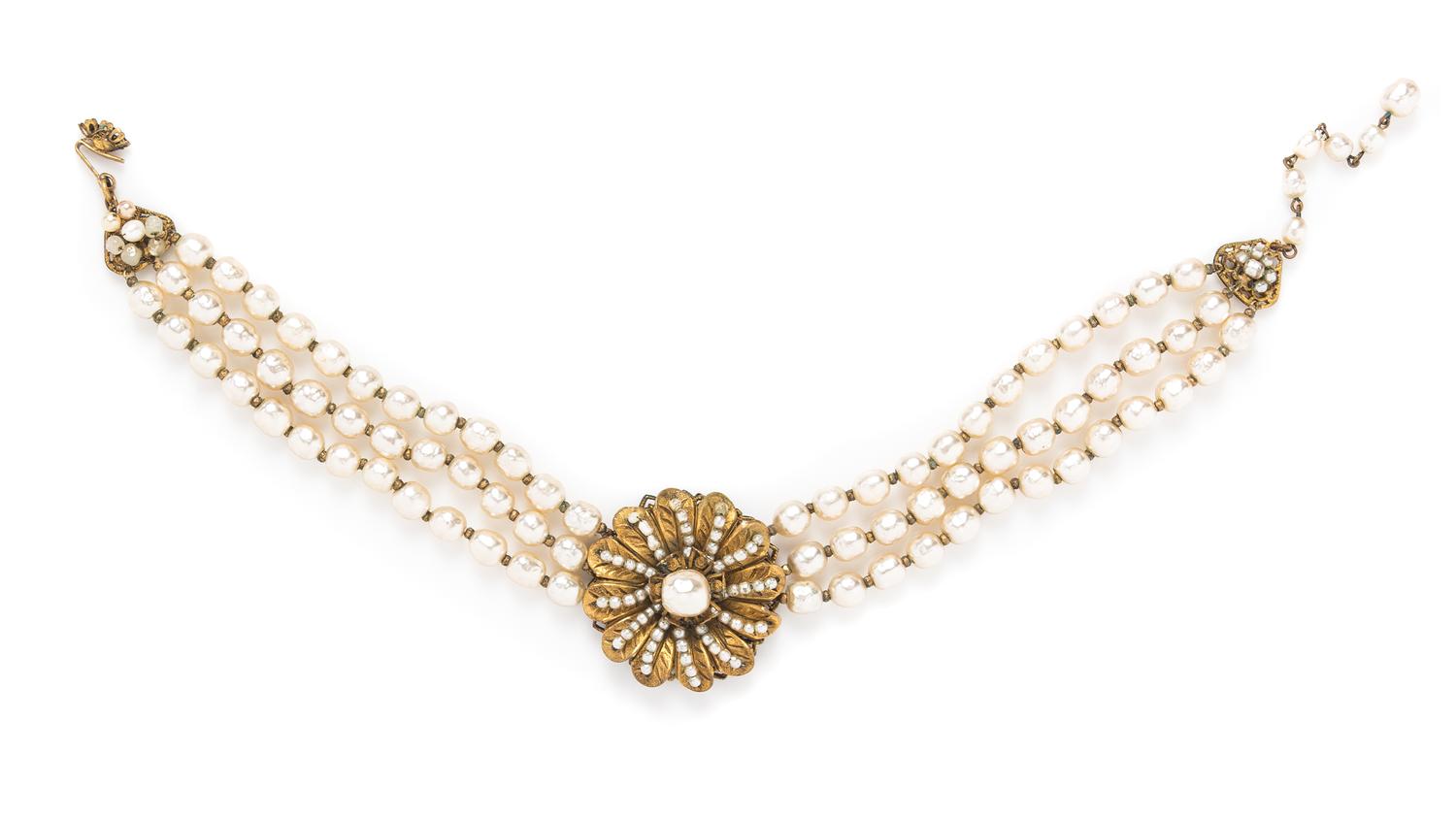 A Miriam Haskell Triple Strand Pearl Choker, 14" length, pendant 2" x 2".