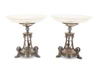 A Pair of Elkington Silver-Plate and Enamel Compotes with Cut Glass Bowls — 19th Century