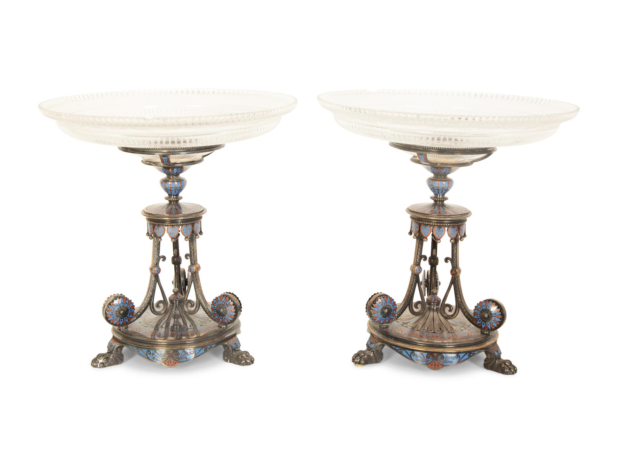 A Pair of Elkington Silver-Plate and Enamel Compotes with Cut Glass Bowls — 19th Century