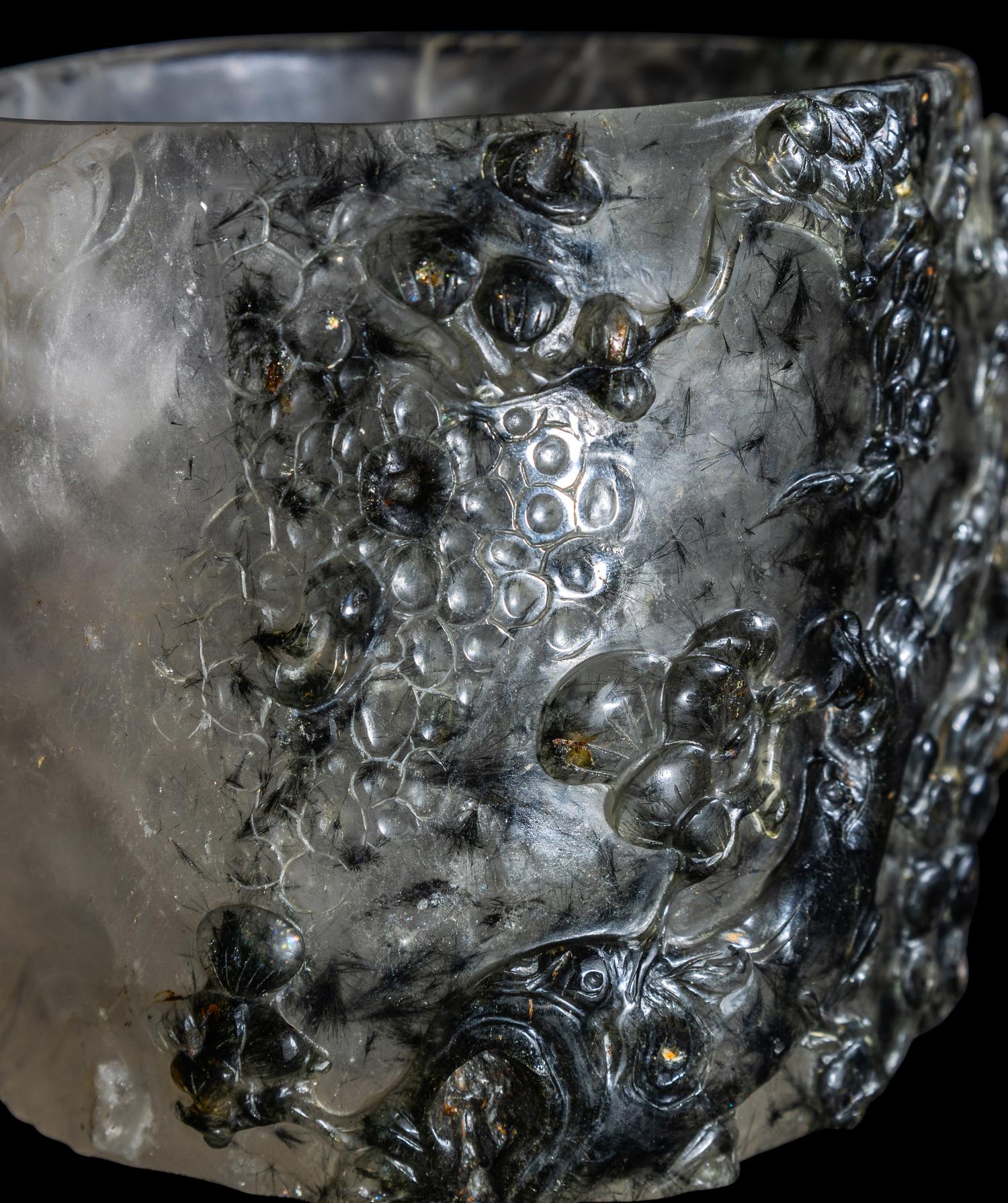 An Unusual Chinese Carved Rutile Quartz 'Pine and Cranes' Brushpot, Bitong 髮晶雕松鶴筆筒